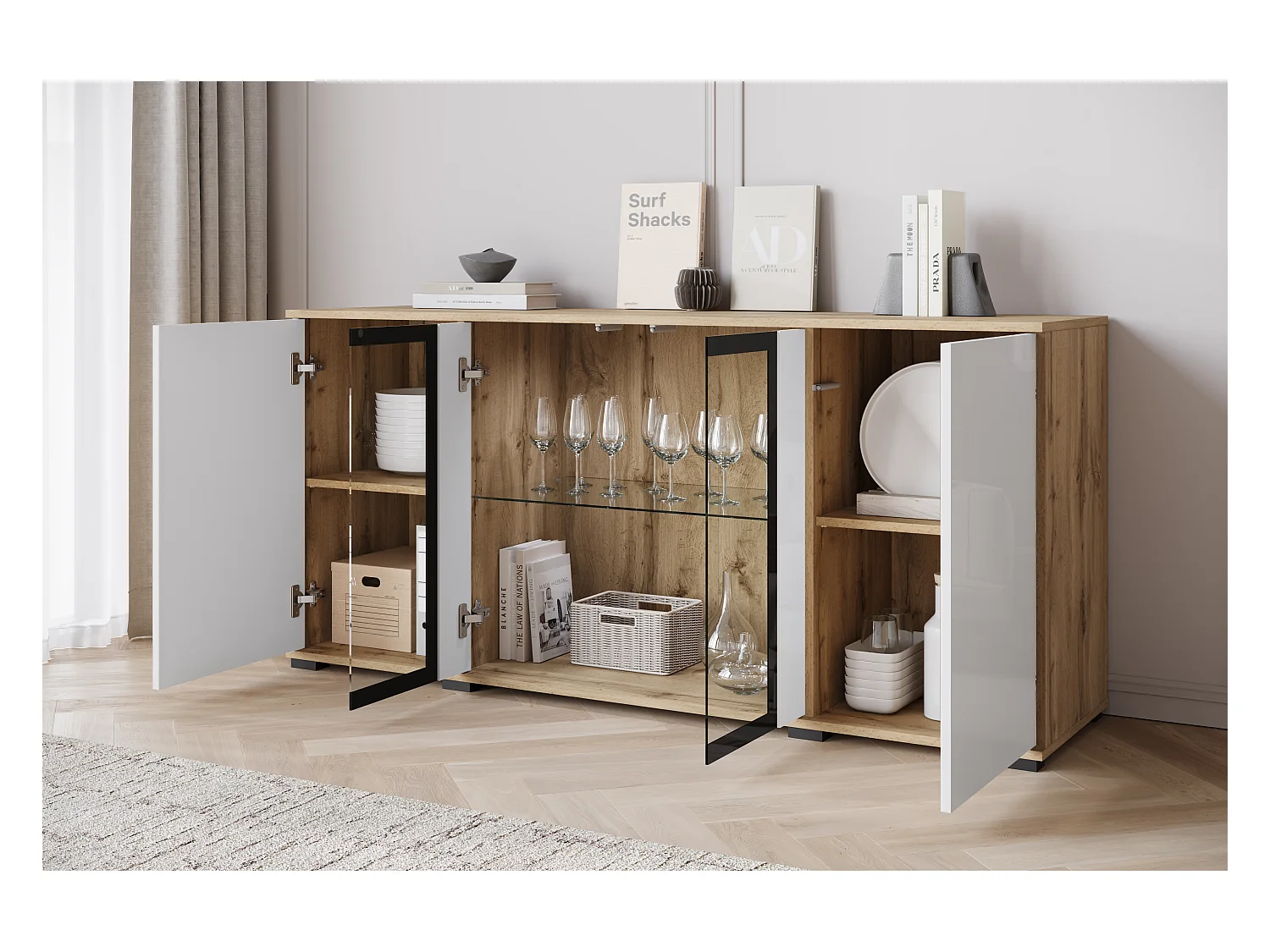 Buffet 150 cm pour salon – vitrine moderne avec vitrages, corps wotan mat et façades blanc brillant