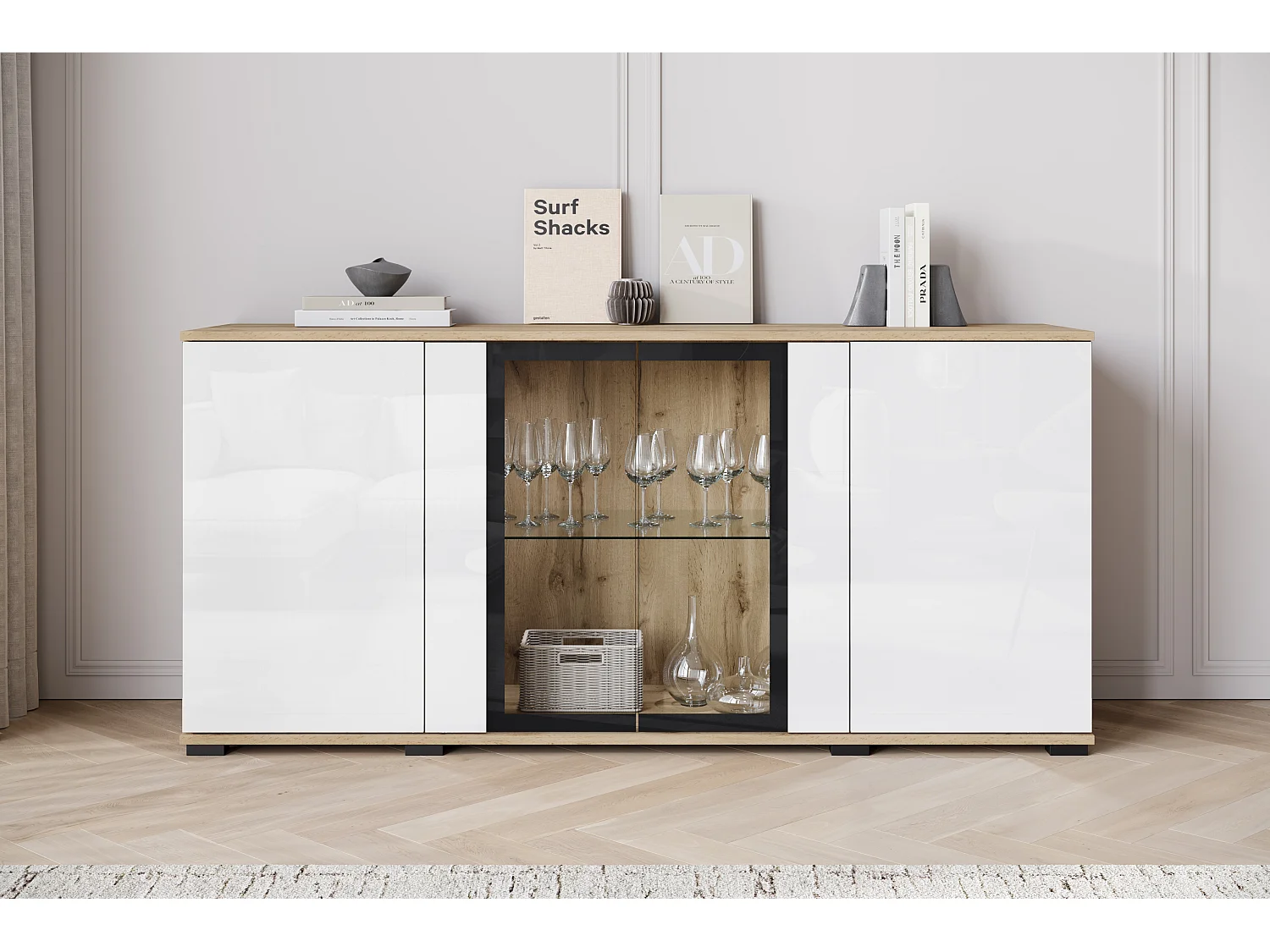 Buffet 150 cm pour salon – vitrine moderne avec vitrages, corps wotan mat et façades blanc brillant