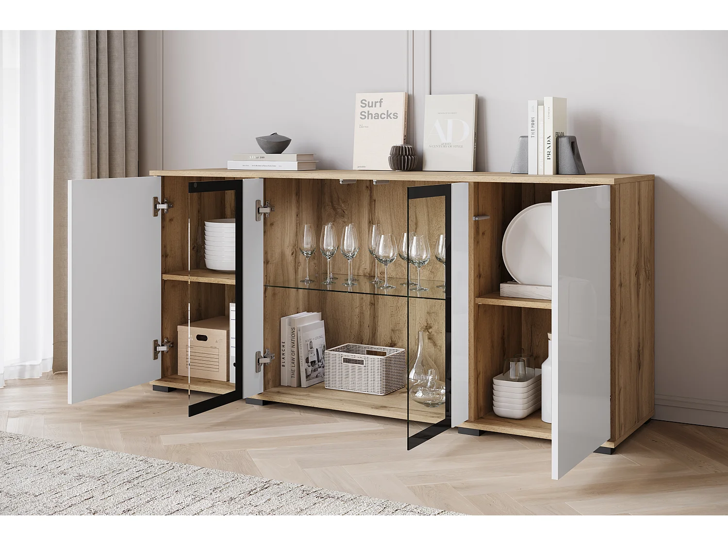 Buffet 150 cm pour salon – vitrine moderne avec vitrages, corps wotan mat et façades blanc brillant