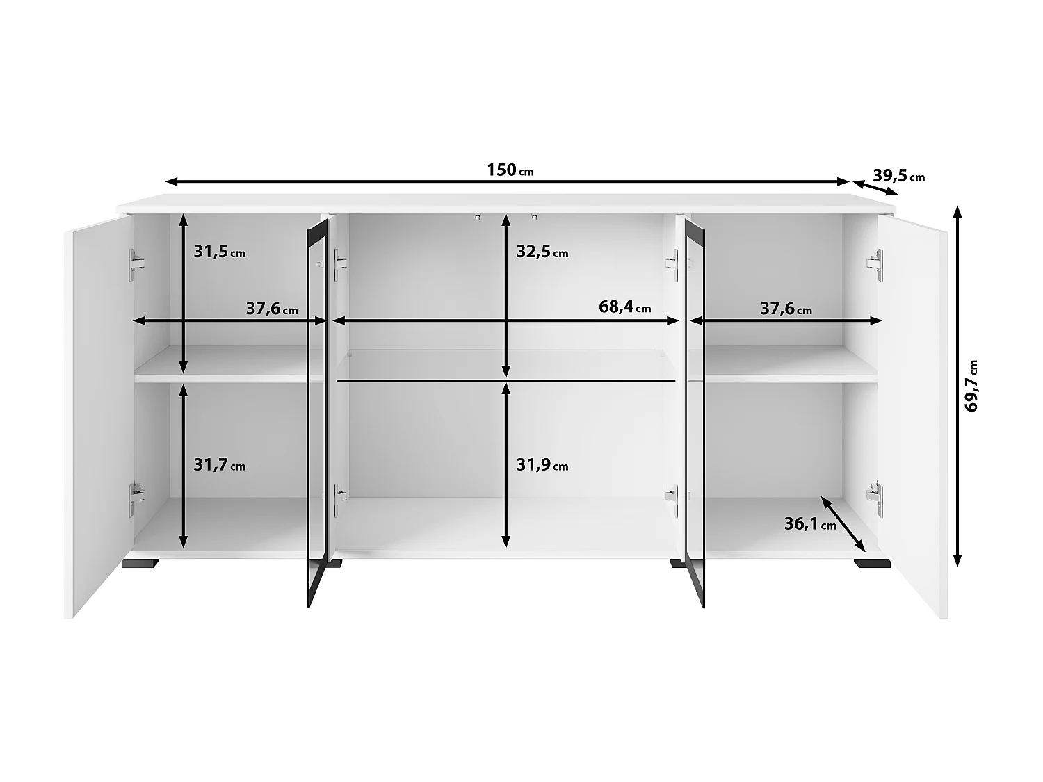 Buffet 150 cm pour salon – vitrine moderne avec vitrages, corps wotan mat et façades blanc brillant