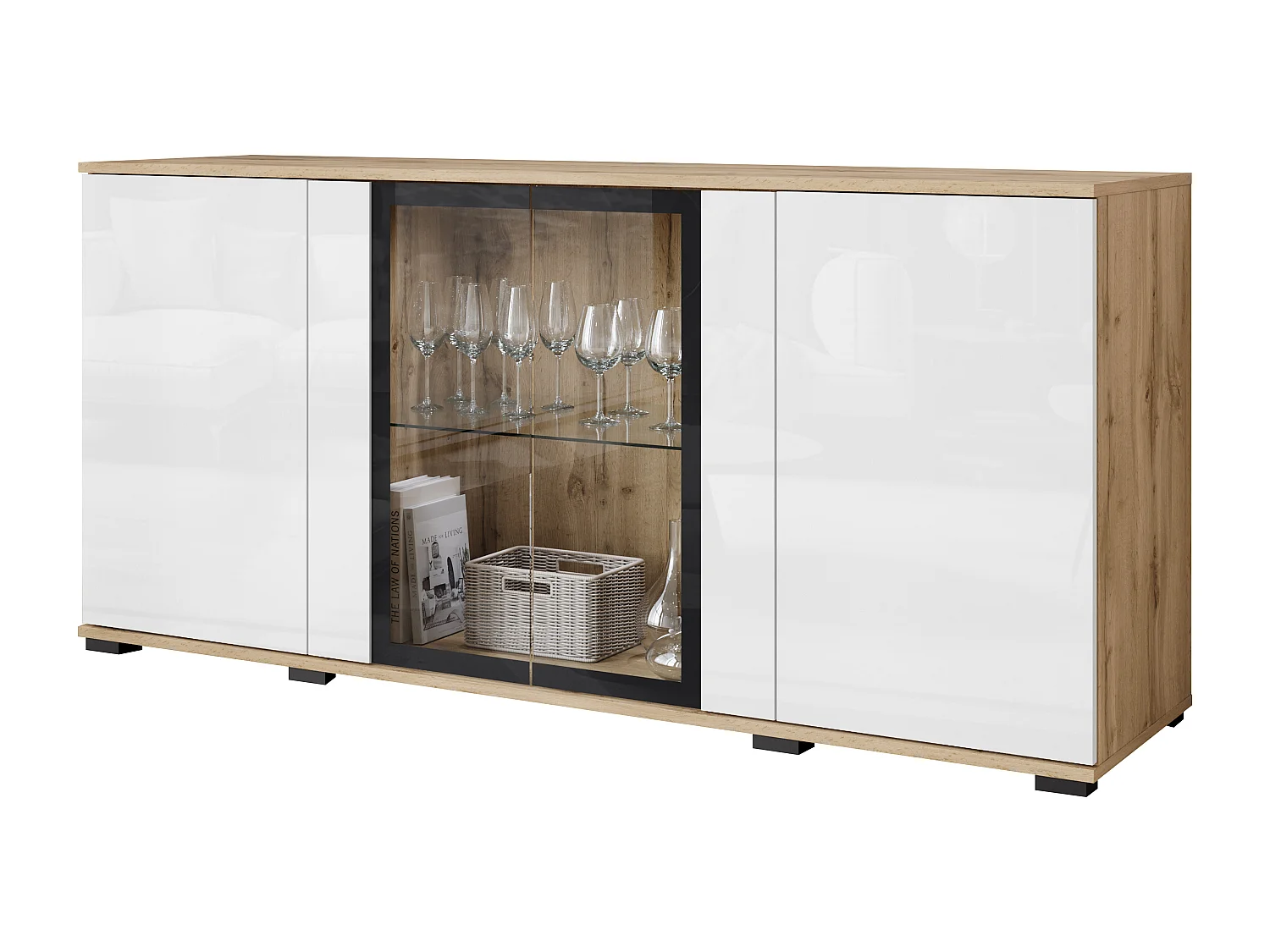 Dressoir 150 cm voor woonkamer – moderne vitrinekast met glas, corpus wotan mat en fronten wit hoogglans