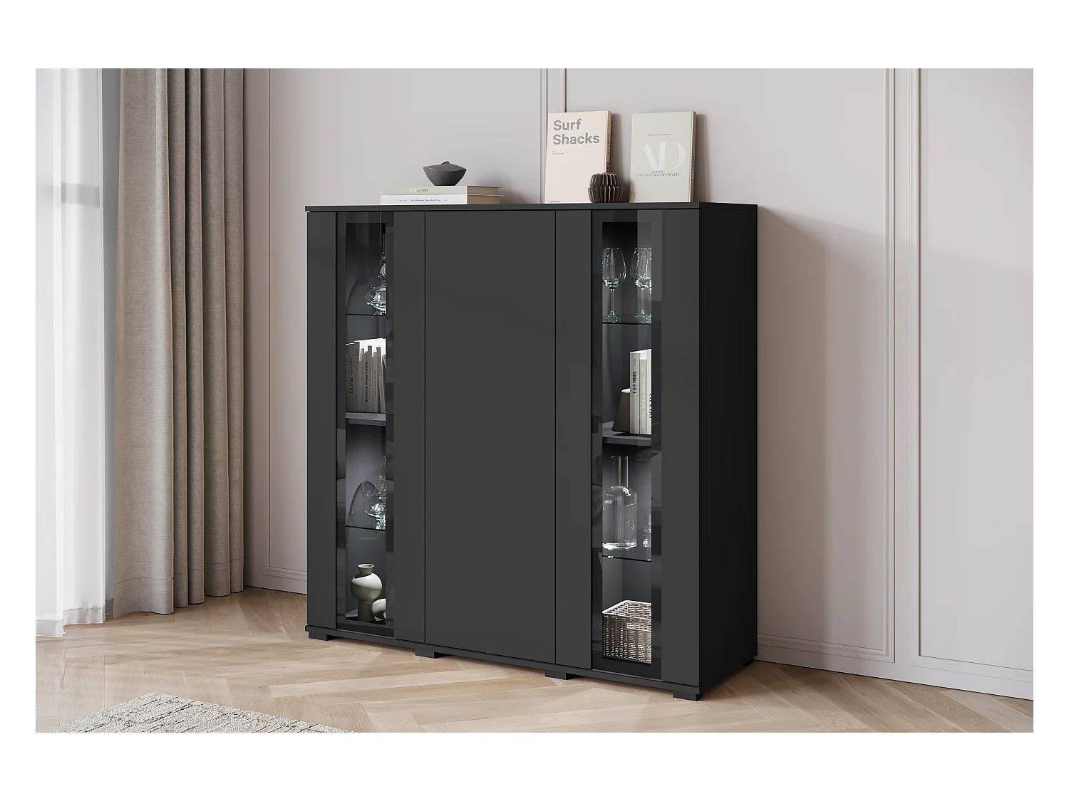 Buffet haut moderne 120 cm – vitrine haute pour salon avec vitrages, couleur noir mat