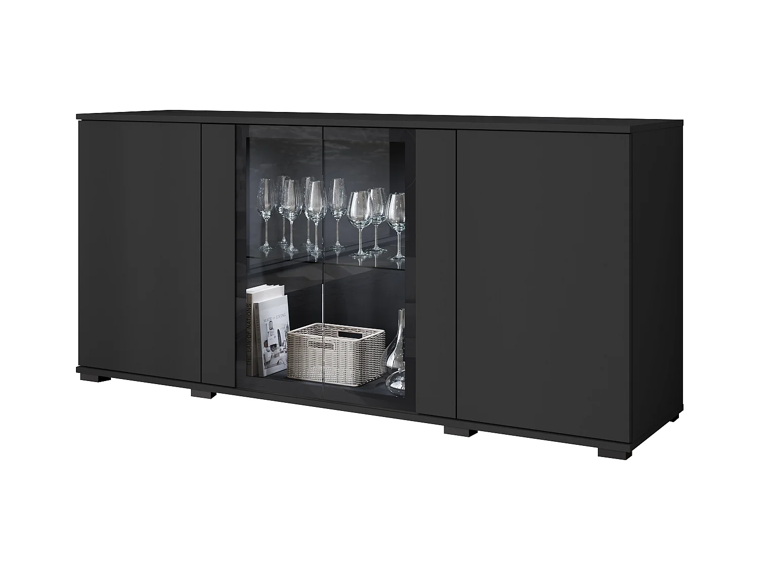 Buffet 150 cm pour salon – vitrine moderne avec vitrages, noir mat