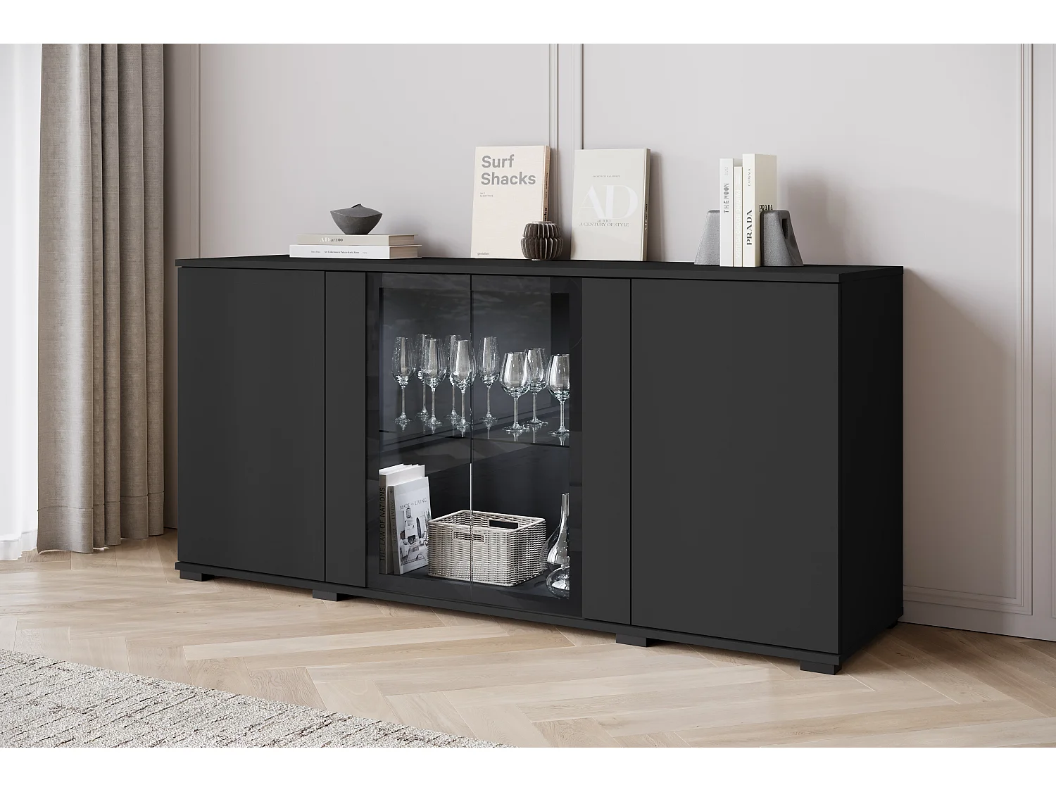 Buffet 150 cm pour salon – vitrine moderne avec vitrages, noir mat