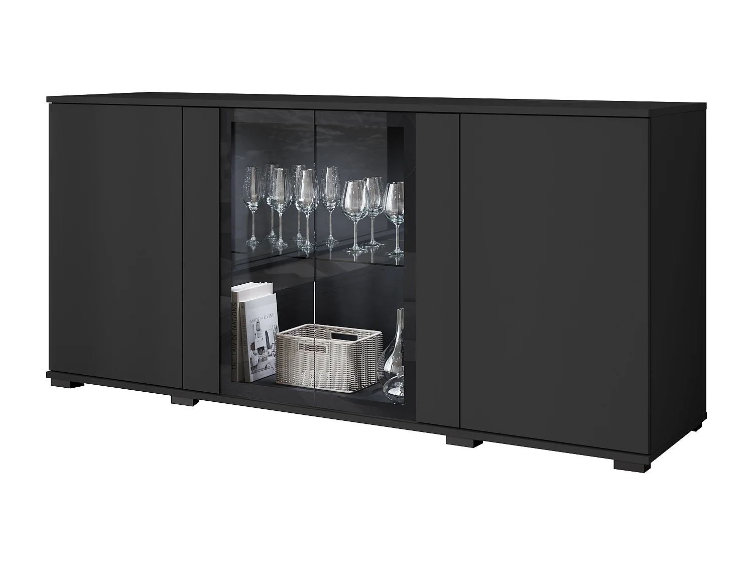 Buffet 150 cm pour salon – vitrine moderne avec vitrages, noir mat