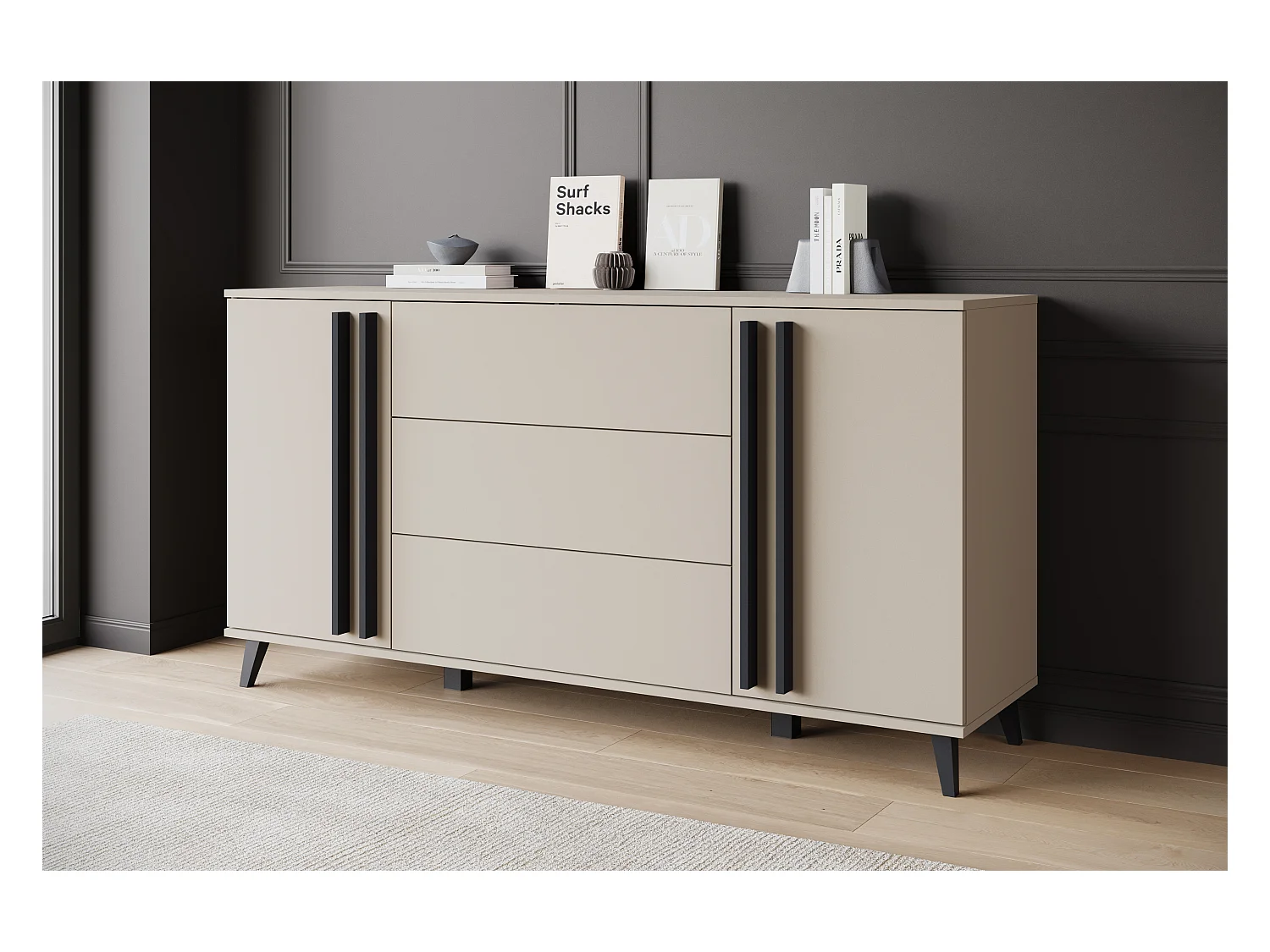 Buffet 150 cm sur pieds pour salon – moderne avec 3 tiroirs et 2 portes, mat Congo + poignées graphite noir