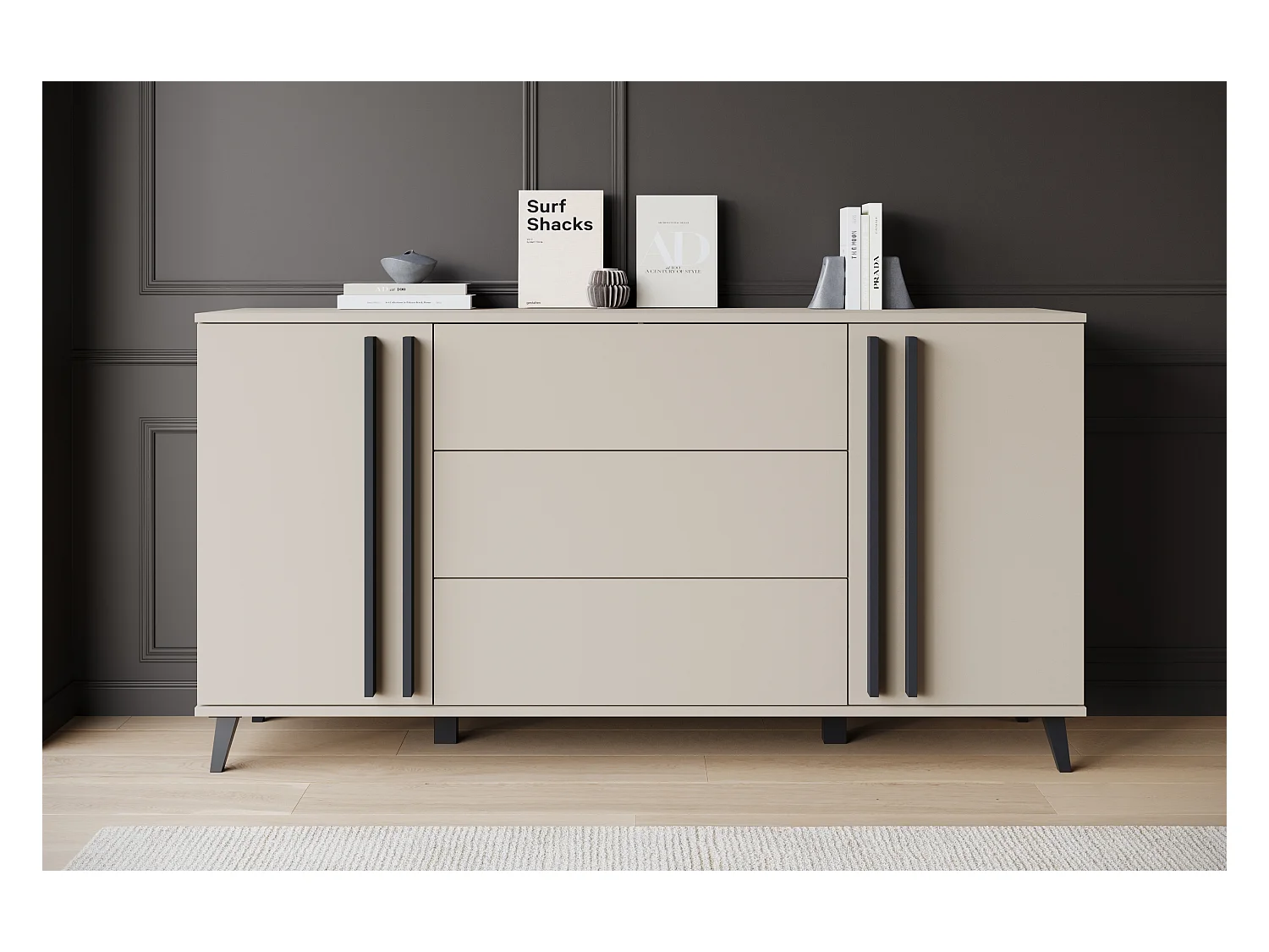 Buffet 150 cm sur pieds pour salon – moderne avec 3 tiroirs et 2 portes, mat Congo + poignées graphite noir