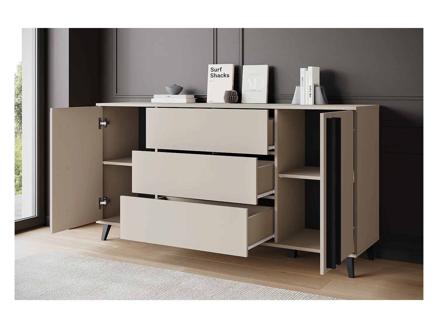 Buffet 150 cm sur pieds pour salon – moderne avec 3 tiroirs et 2 portes, mat Congo + poignées graphite noir