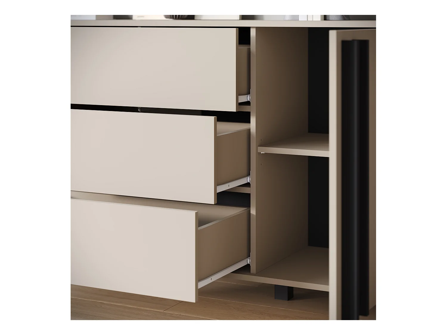 Buffet 150 cm sur pieds pour salon – moderne avec 3 tiroirs et 2 portes, mat Congo + poignées graphite noir