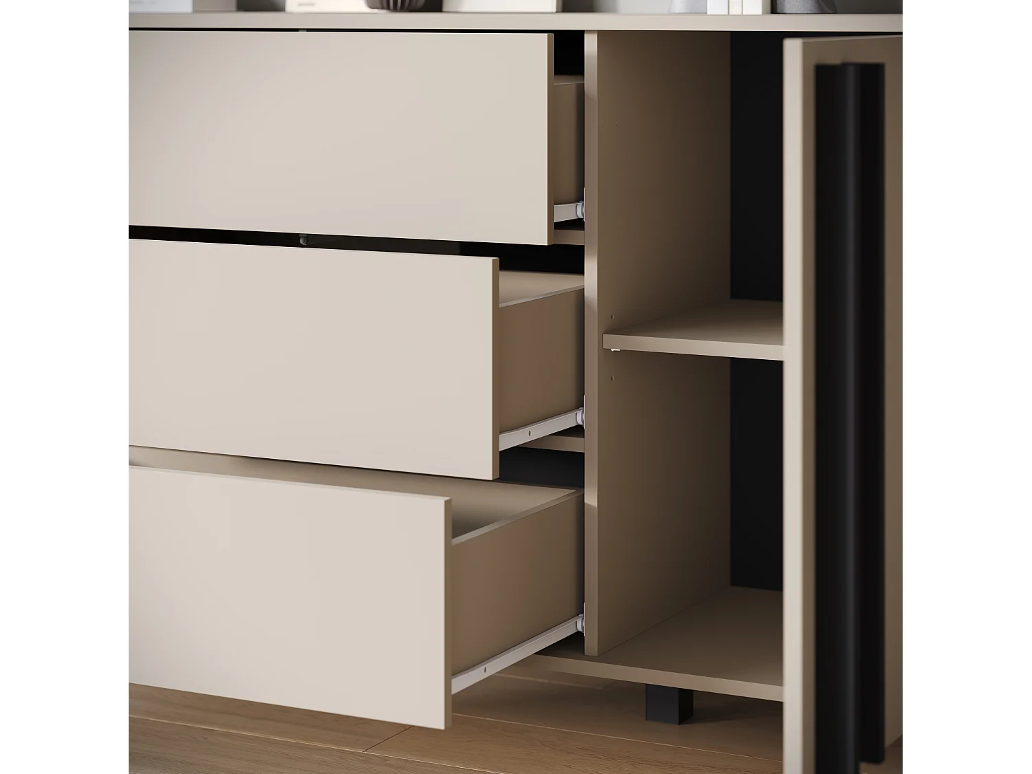 Buffet 150 cm sur pieds pour salon – moderne avec 3 tiroirs et 2 portes, mat Congo + poignées graphite noir