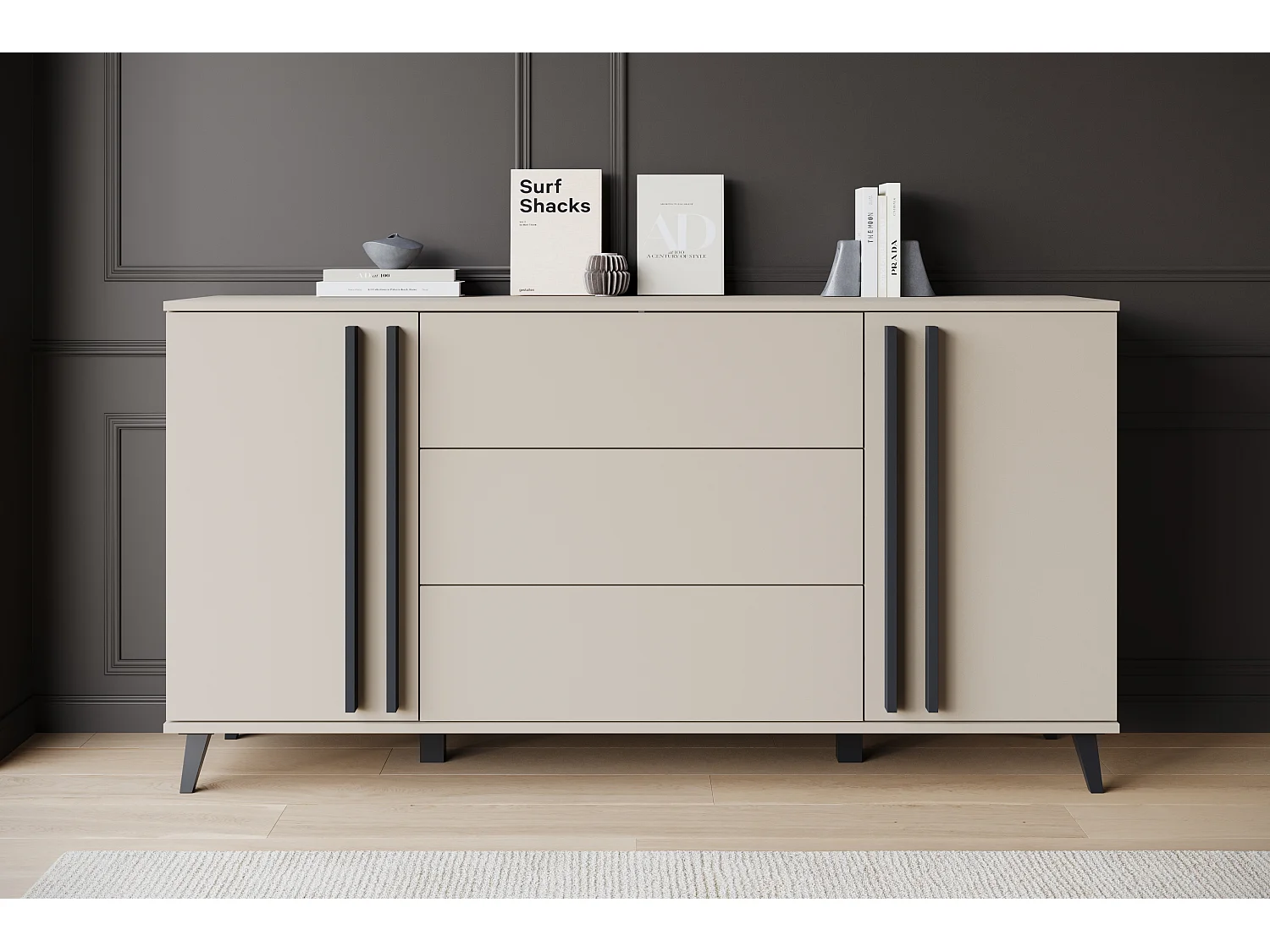 Buffet 150 cm sur pieds pour salon – moderne avec 3 tiroirs et 2 portes, mat Congo + poignées graphite noir