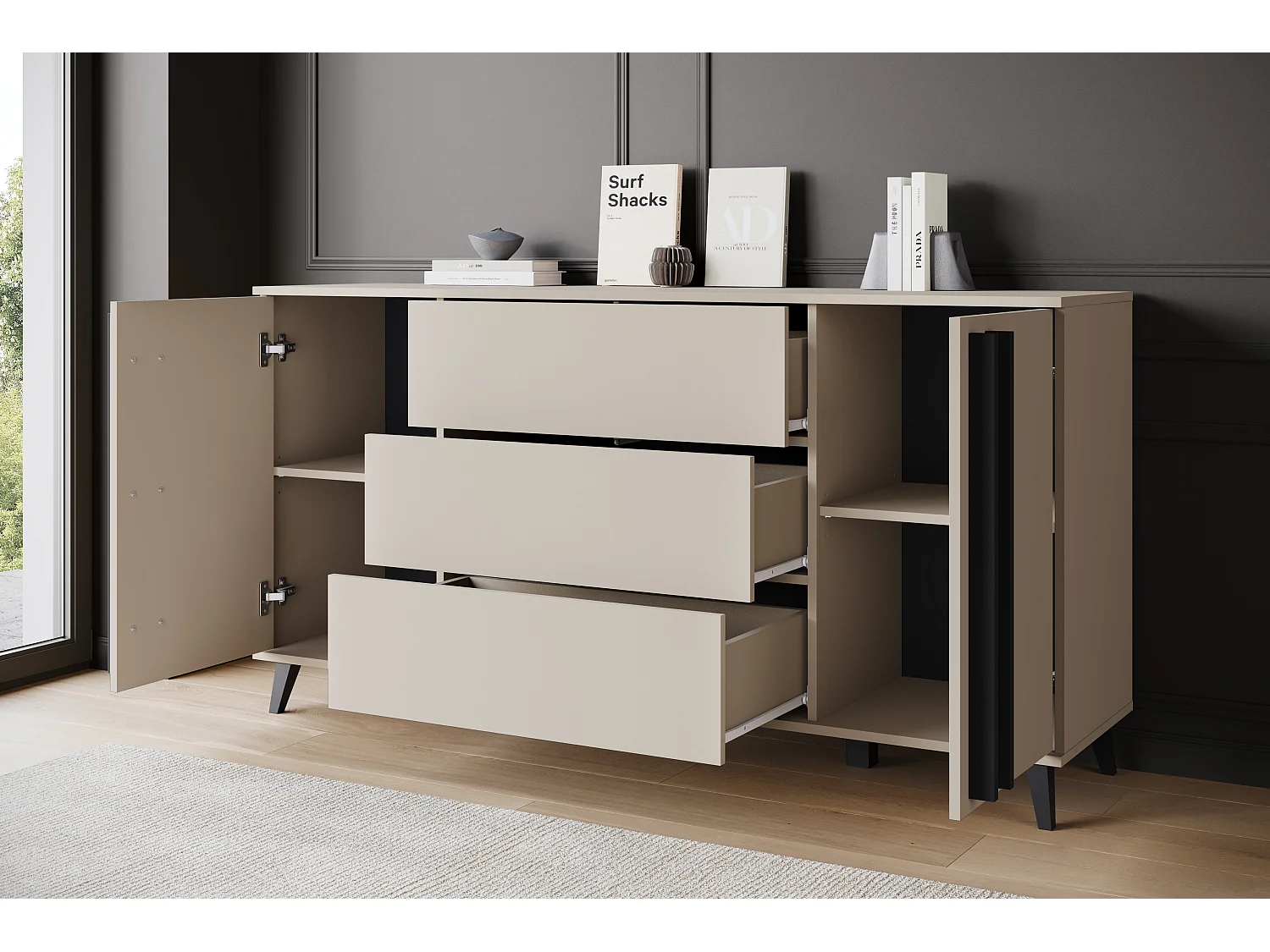 Buffet 150 cm sur pieds pour salon – moderne avec 3 tiroirs et 2 portes, mat Congo + poignées graphite noir