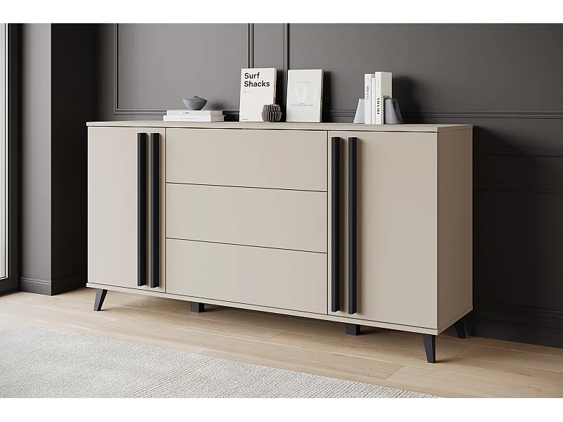 Buffet 150 cm sur pieds pour salon – moderne avec 3 tiroirs et 2 portes, mat Congo + poignées graphite noir