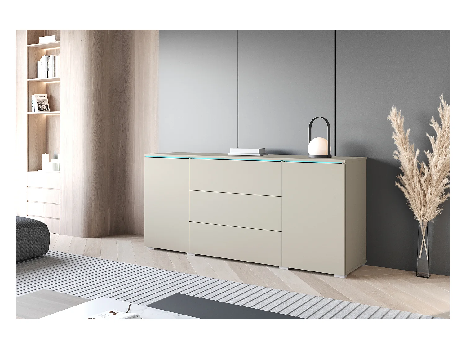 Buffet moderne 150 cm pour salon mat 3 tiroirs et 2 portes beige cachemire