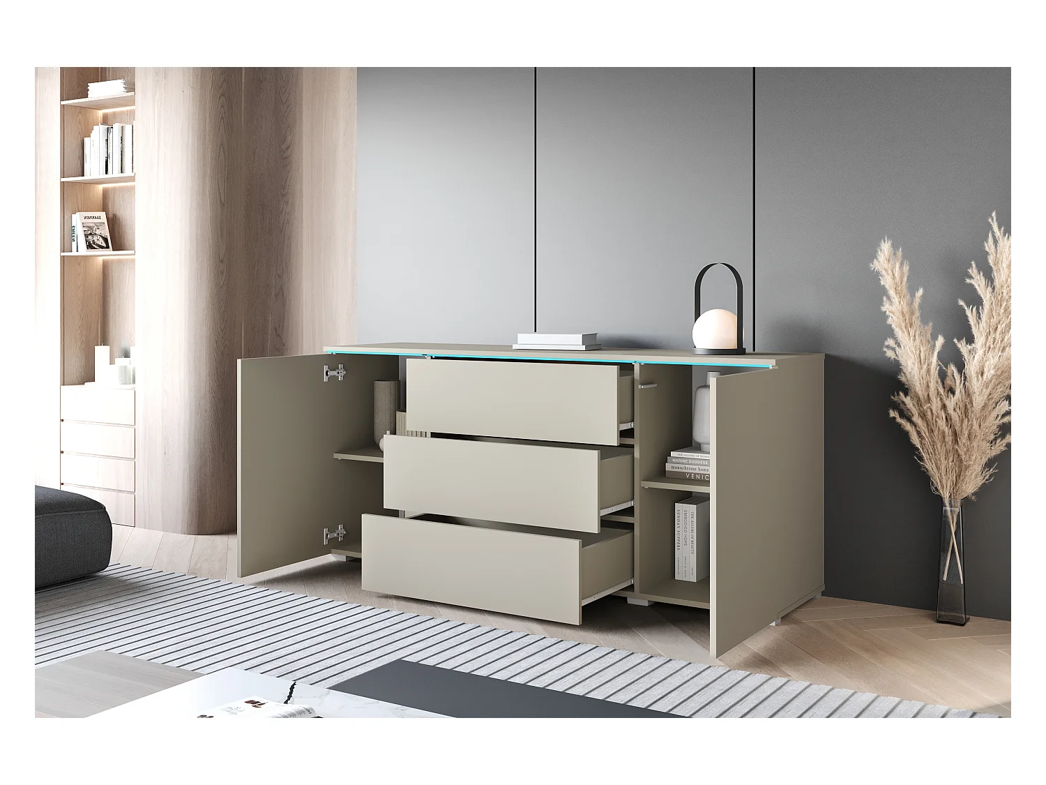 Buffet moderne 150 cm pour salon mat 3 tiroirs et 2 portes beige cachemire