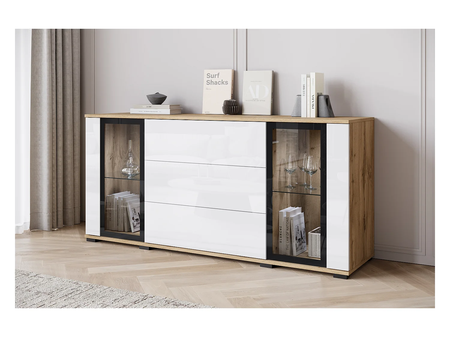 Buffet 150 cm pour salon – vitrine moderne avec vitrages et tiroirs corps chêne wotan mat et façades blanc brillant
