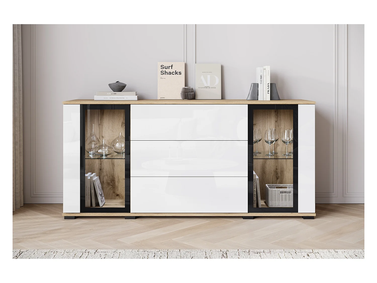 Buffet 150 cm pour salon – vitrine moderne avec vitrages et tiroirs corps chêne wotan mat et façades blanc brillant