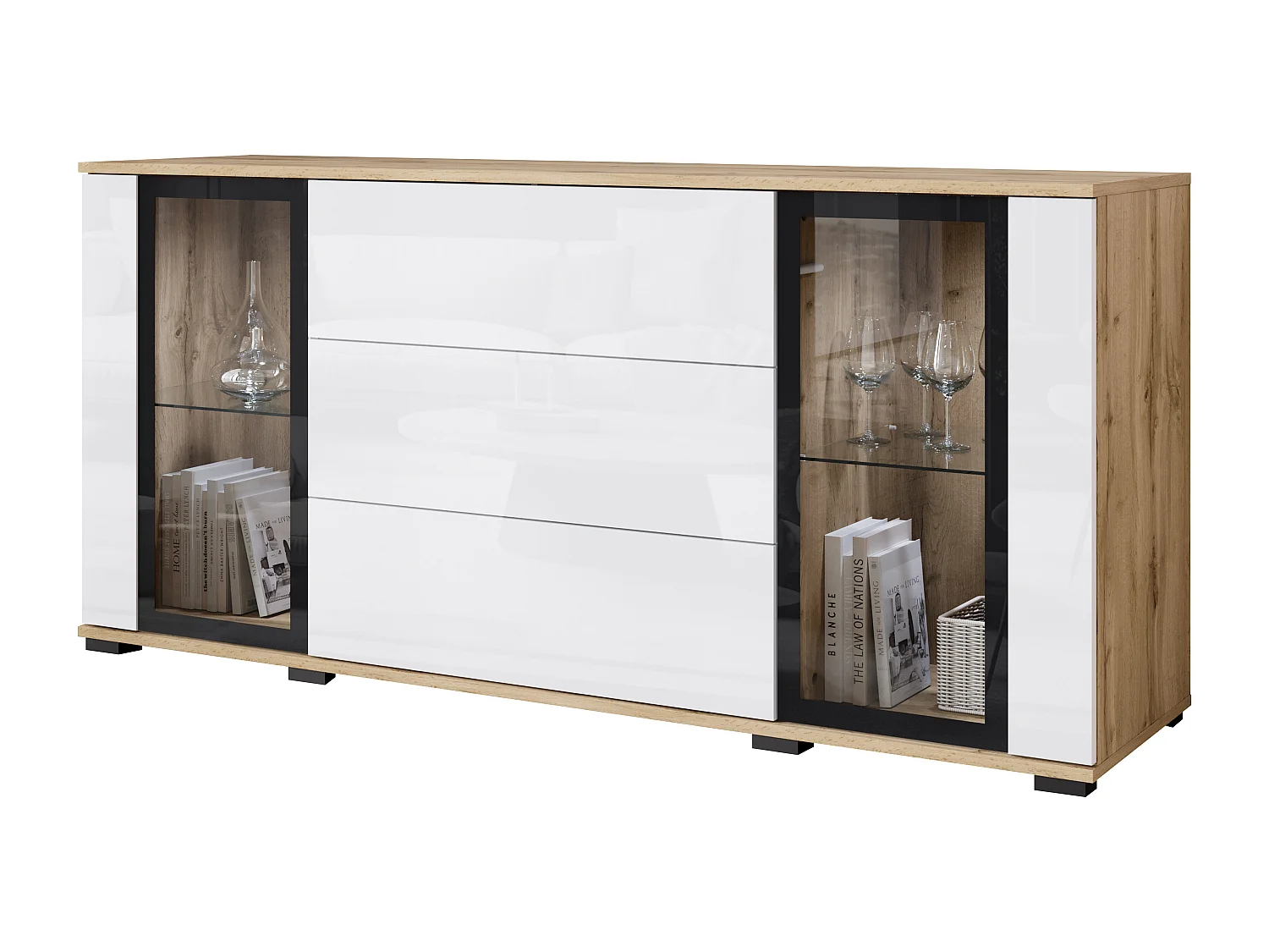 Buffet 150 cm pour salon – vitrine moderne avec vitrages et tiroirs corps chêne wotan mat et façades blanc brillant