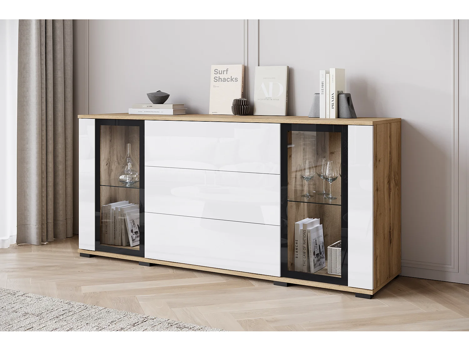 Buffet 150 cm pour salon – vitrine moderne avec vitrages et tiroirs corps chêne wotan mat et façades blanc brillant
