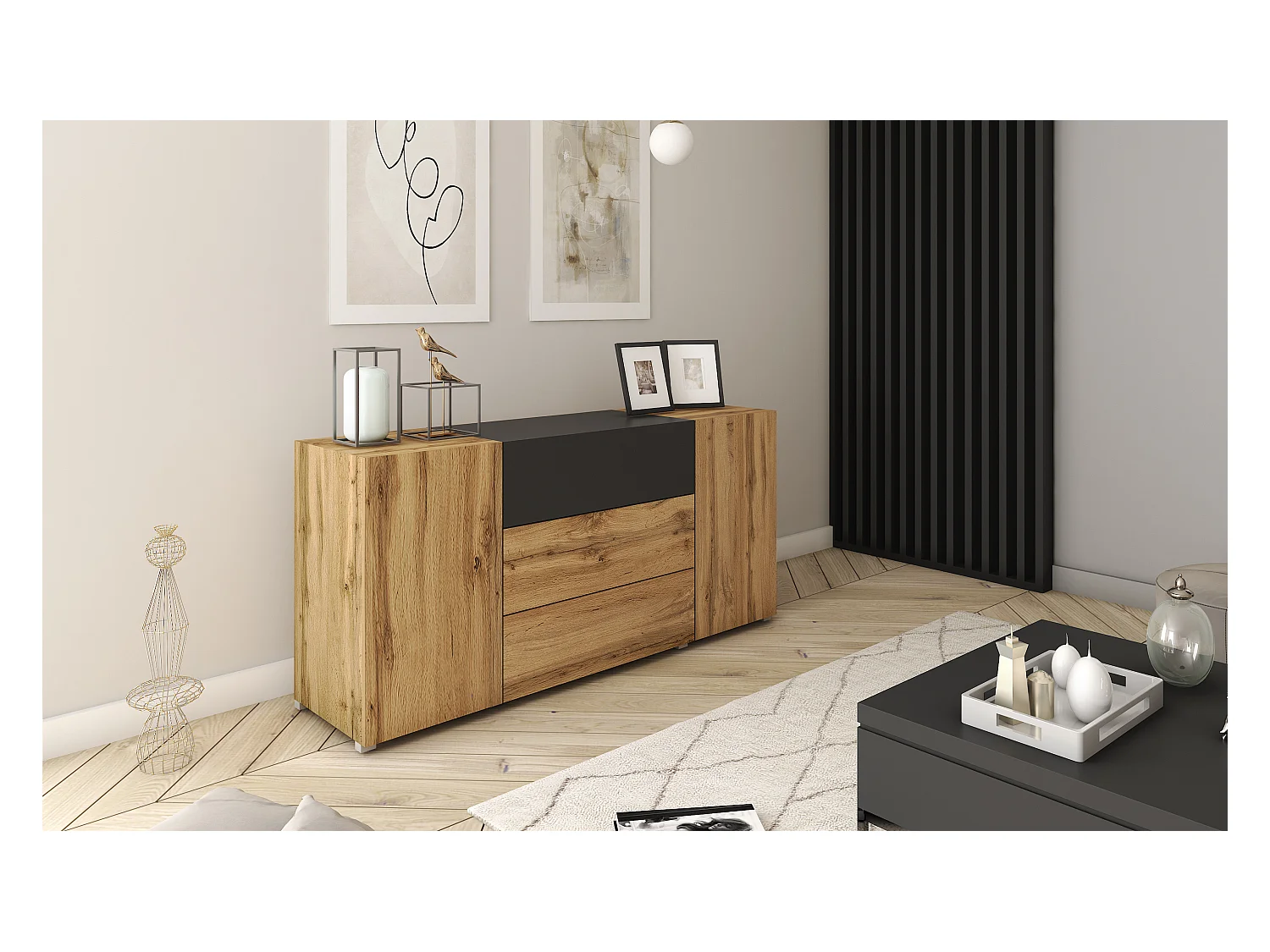 Buffet moderne 150 cm – sur pied, 3 tiroirs et 2 portes, couleur chêne wotan mat avec insert noir mat