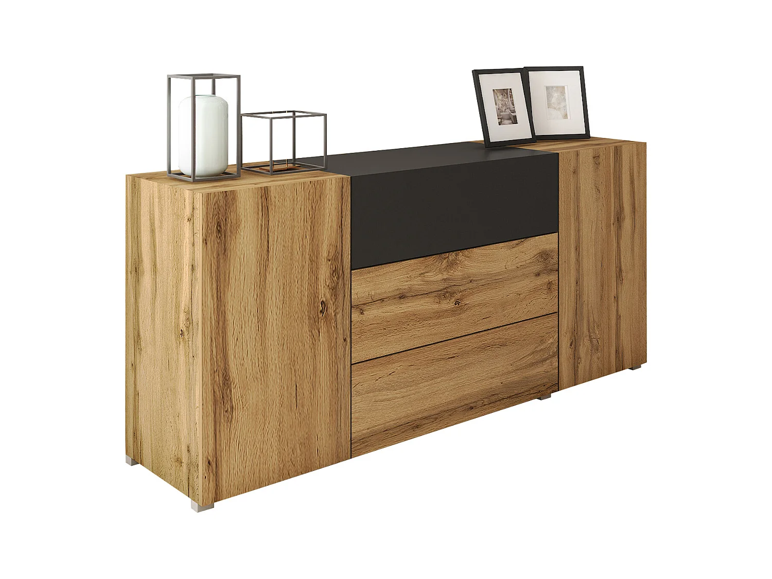 Buffet moderne 150 cm – sur pied, 3 tiroirs et 2 portes, couleur chêne wotan mat avec insert noir mat