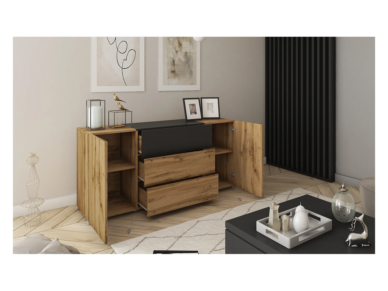 Buffet moderne 150 cm – sur pied, 3 tiroirs et 2 portes, couleur chêne wotan mat avec insert noir mat