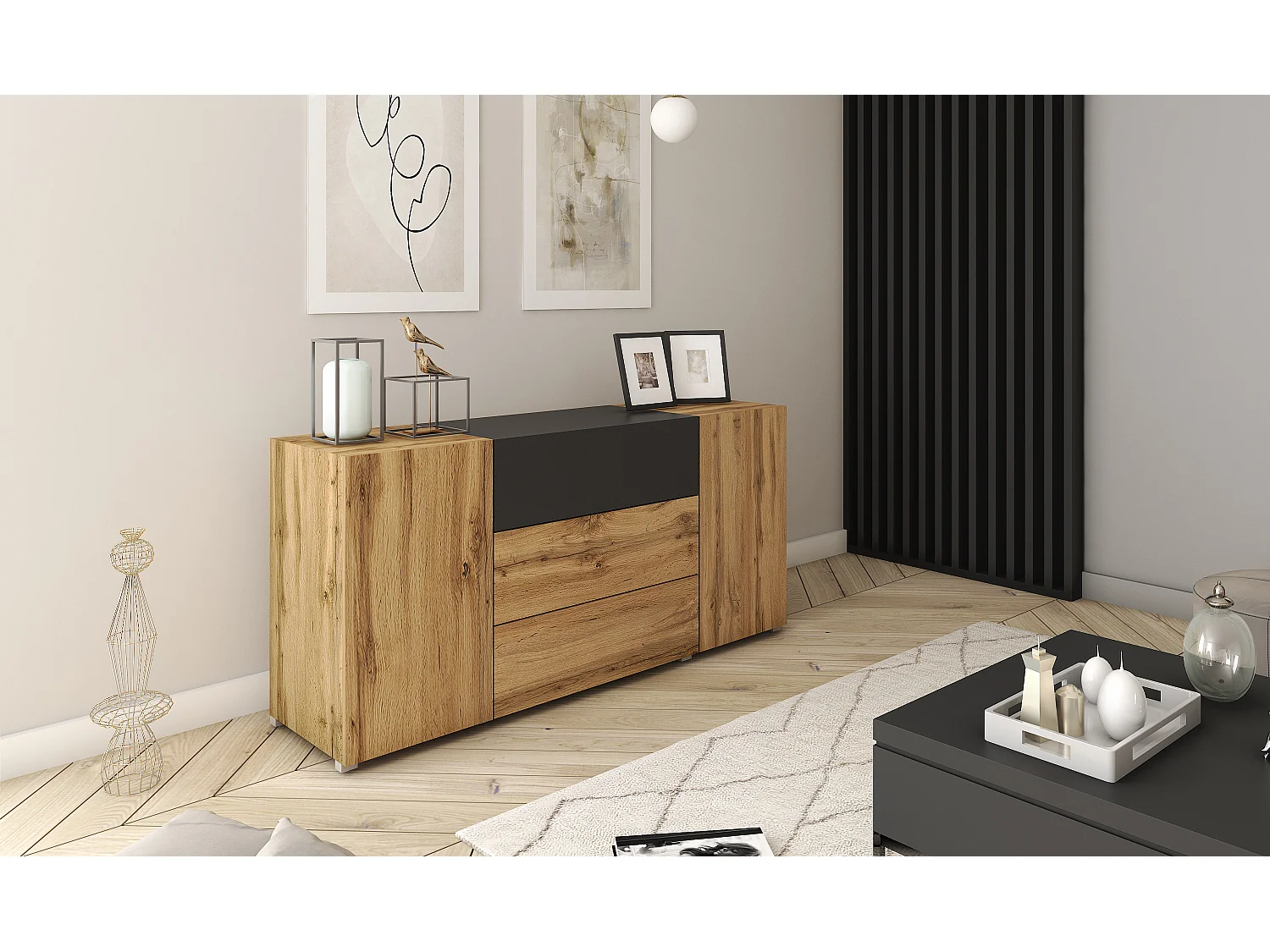 Buffet moderne 150 cm – sur pied, 3 tiroirs et 2 portes, couleur chêne wotan mat avec insert noir mat