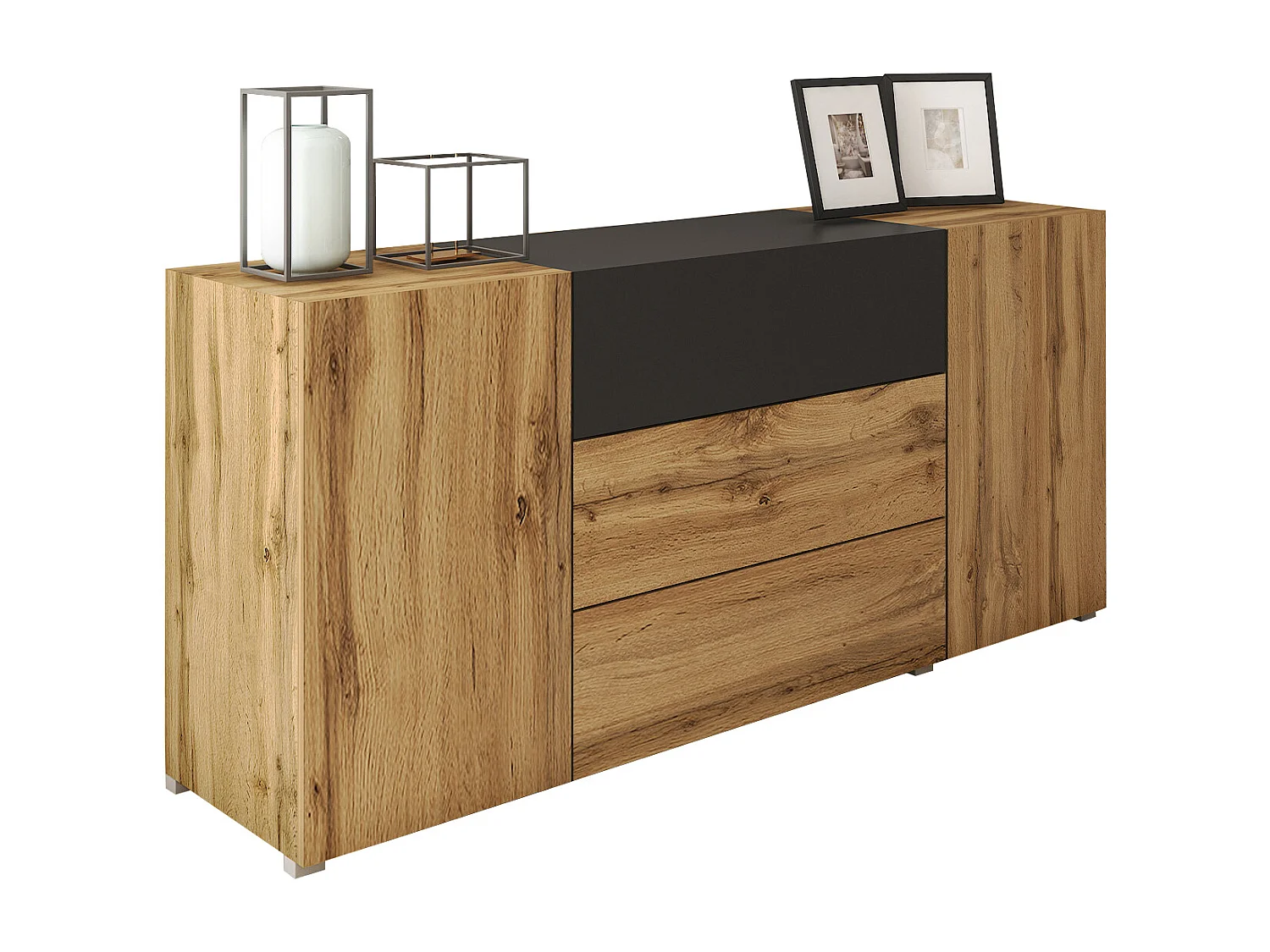 Buffet moderne 150 cm – sur pied, 3 tiroirs et 2 portes, couleur chêne wotan mat avec insert noir mat