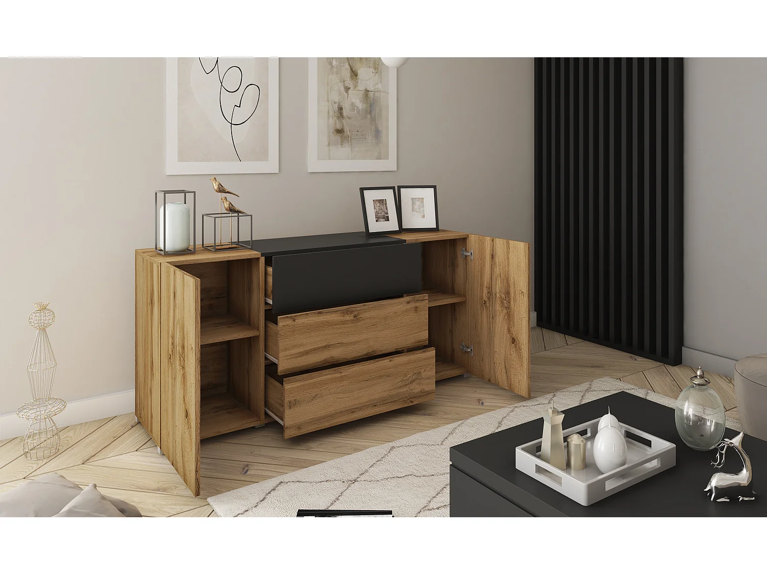 Buffet moderne 150 cm – sur pied, 3 tiroirs et 2 portes, couleur chêne wotan mat avec insert noir mat