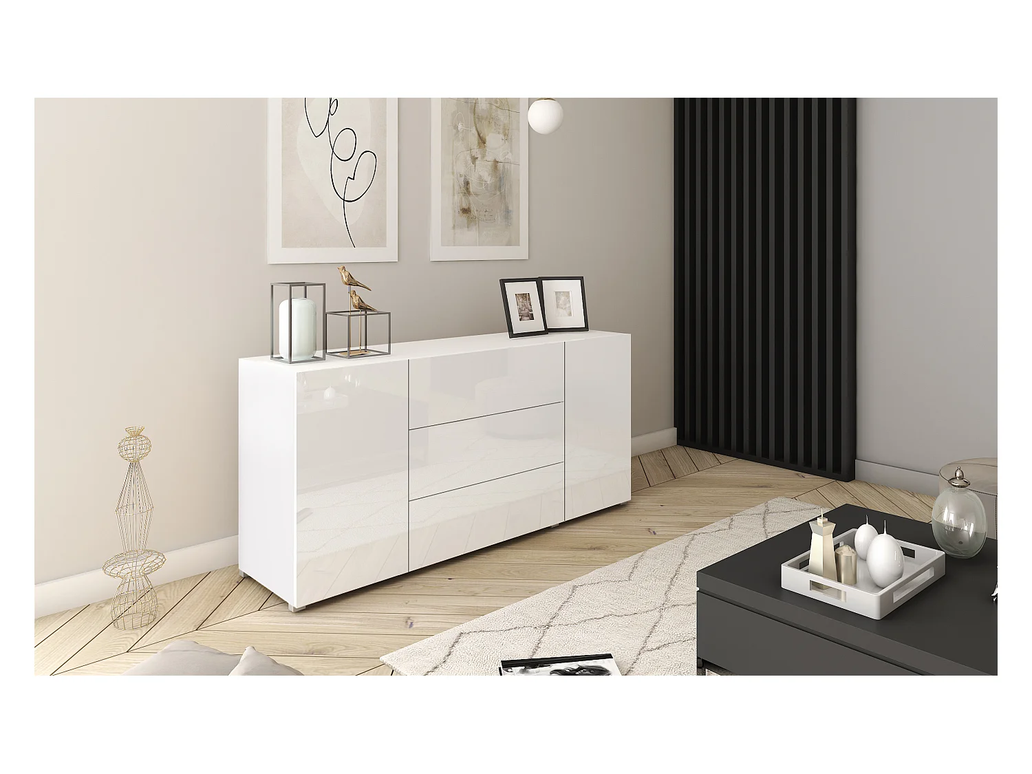 Buffet moderne 150 cm – sur pied, 3 tiroirs et 2 portes, corps blanc mat, façades blanc brillant