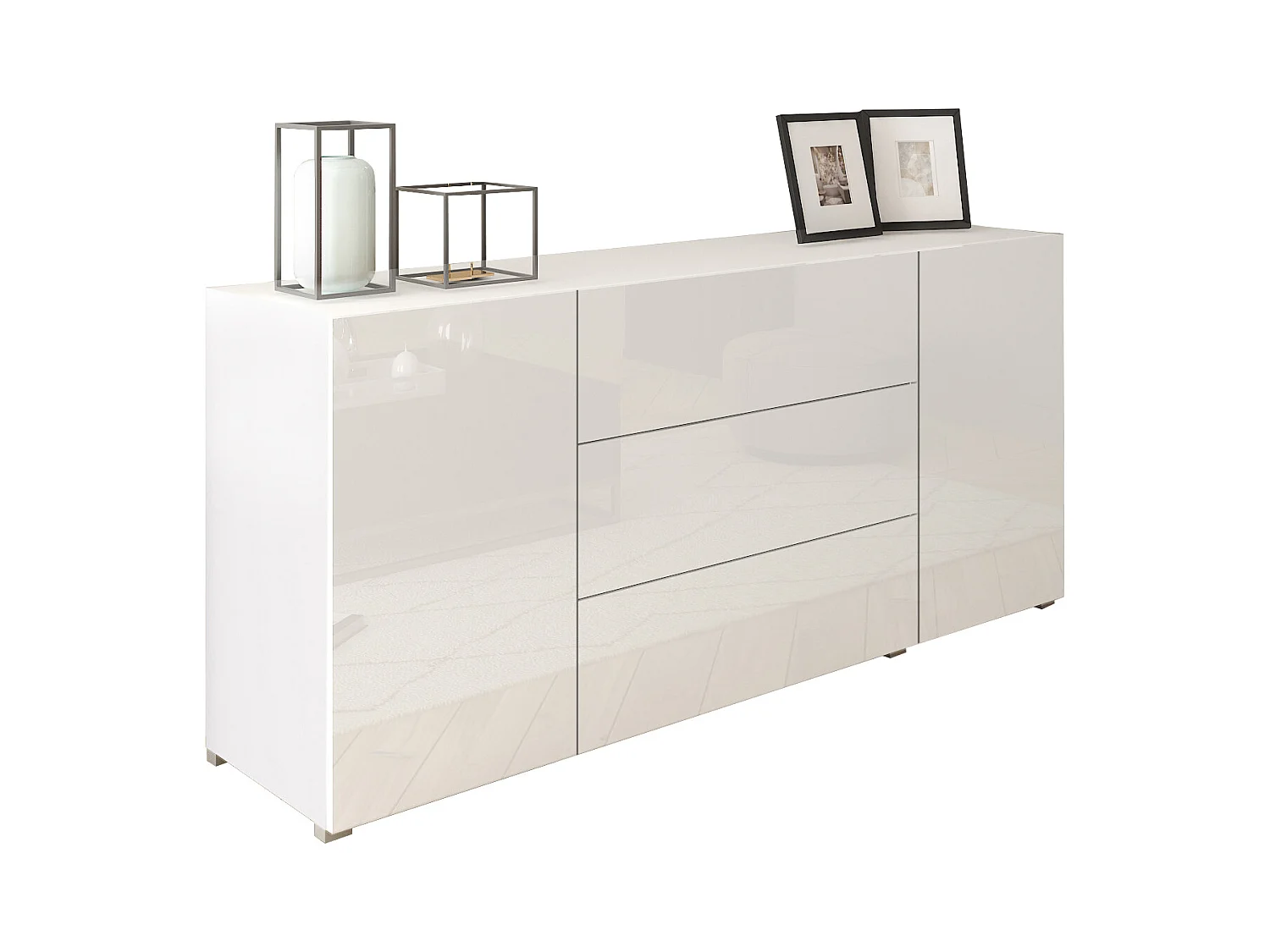 Buffet moderne 150 cm – sur pied, 3 tiroirs et 2 portes, corps blanc mat, façades blanc brillant