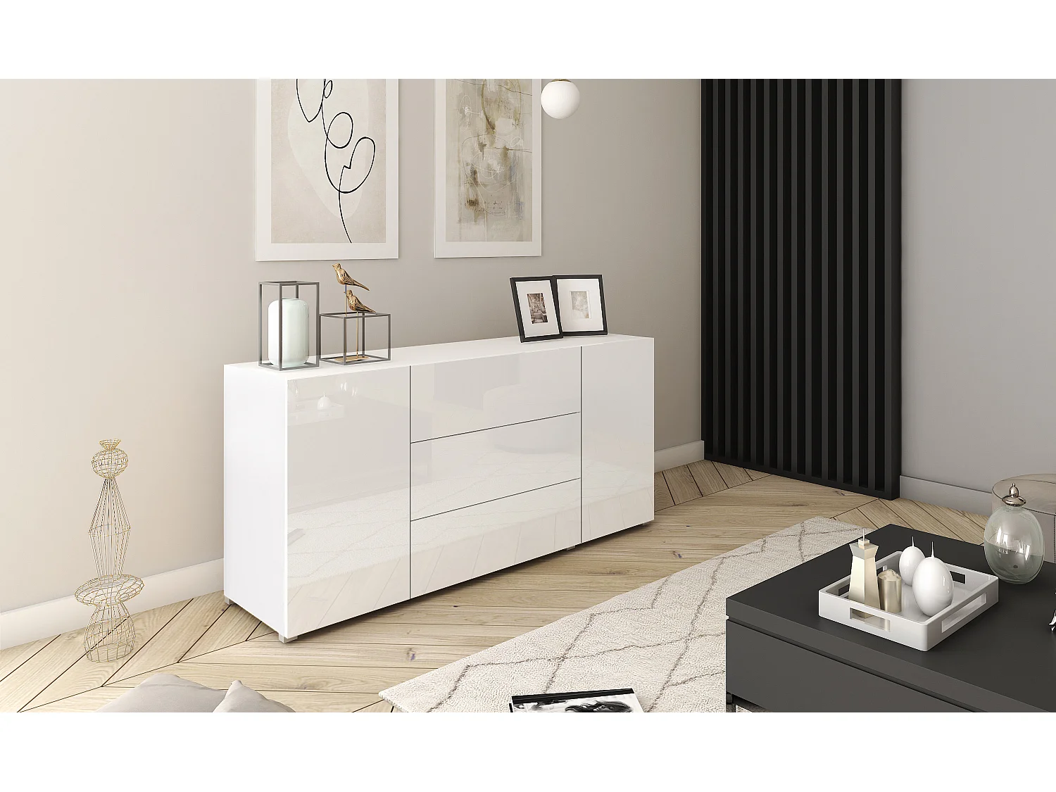 Buffet moderne 150 cm – sur pied, 3 tiroirs et 2 portes, corps blanc mat, façades blanc brillant