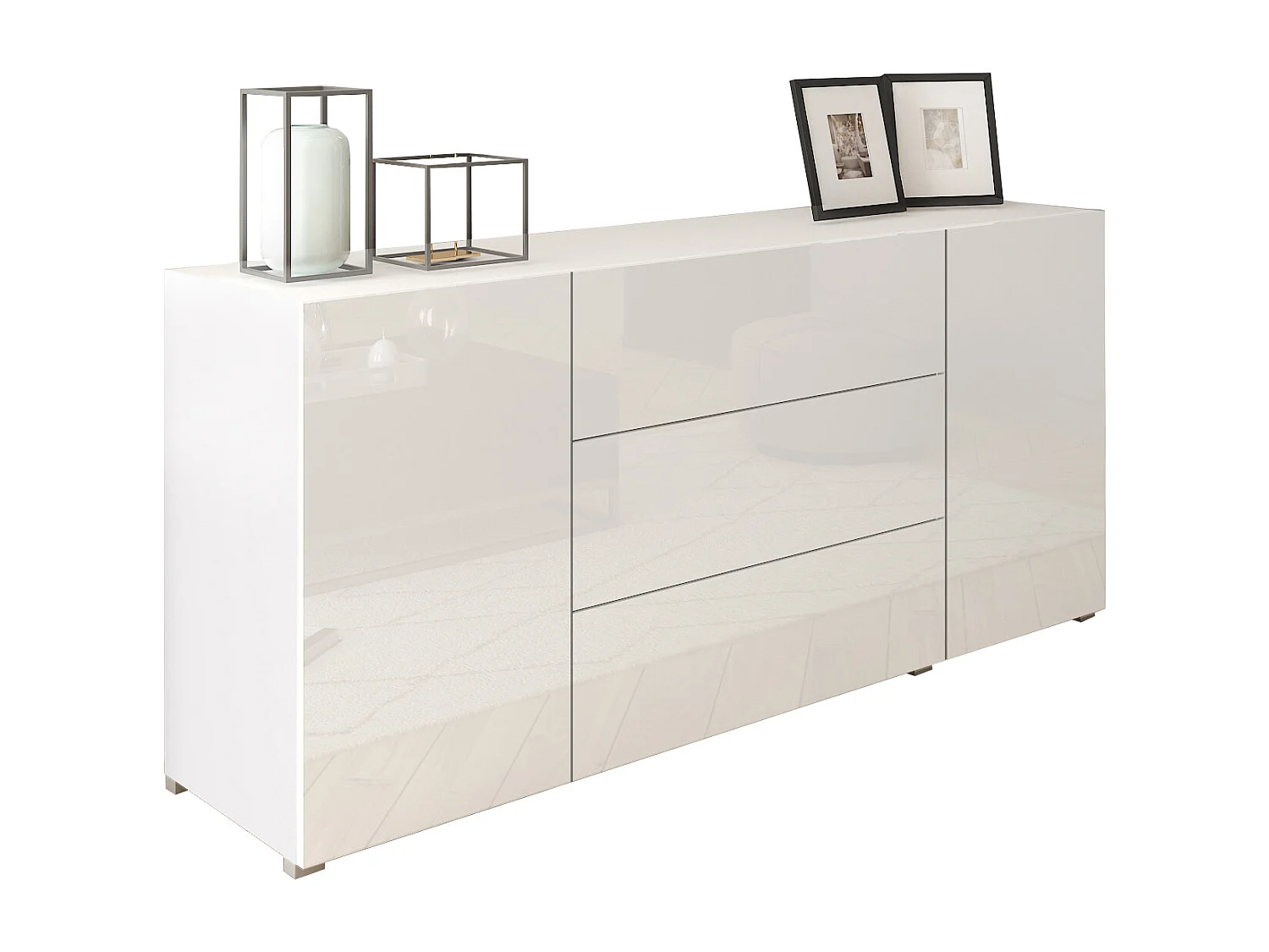 Buffet moderne 150 cm – sur pied, 3 tiroirs et 2 portes, corps blanc mat, façades blanc brillant