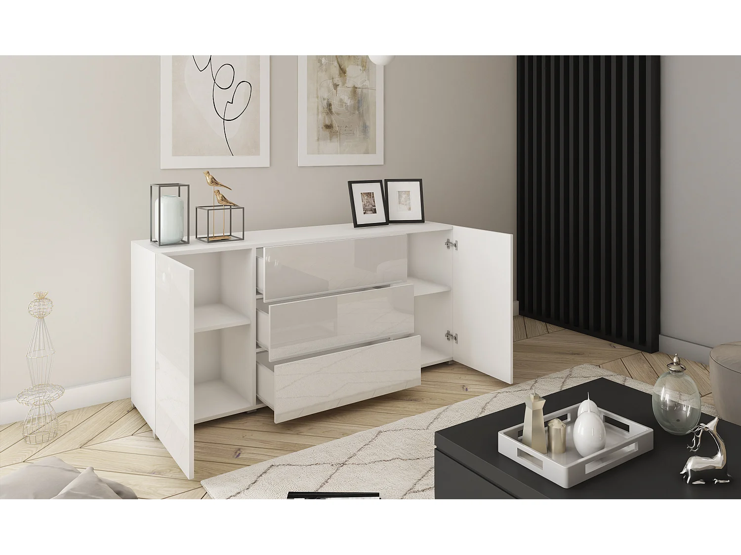 Buffet moderne 150 cm – sur pied, 3 tiroirs et 2 portes, corps blanc mat, façades blanc brillant