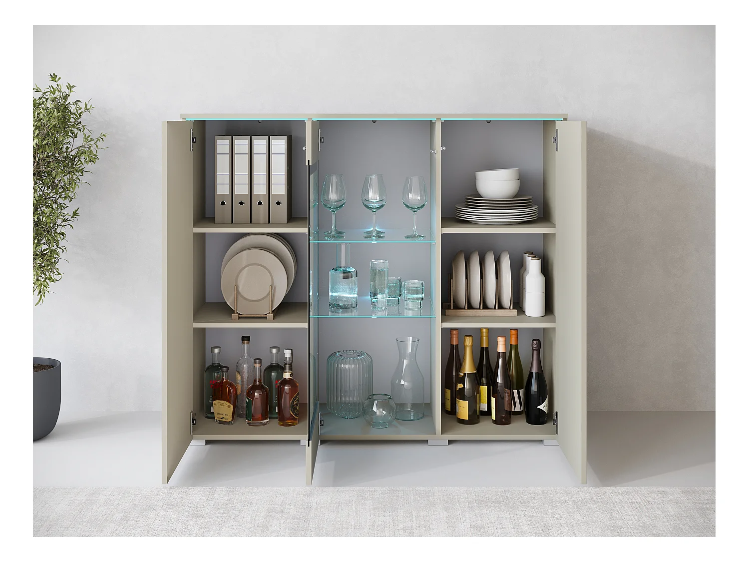 Vitrine haute moderne 120 cm pour salon 3 portes beige cachemire mat