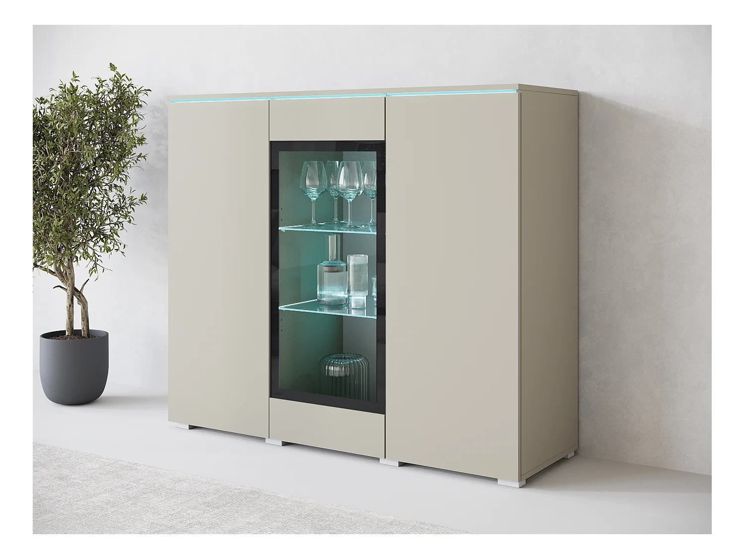 Moderne hoge vitrinekast 120 cm voor woonkamer 3 deuren kasjmier beige mat