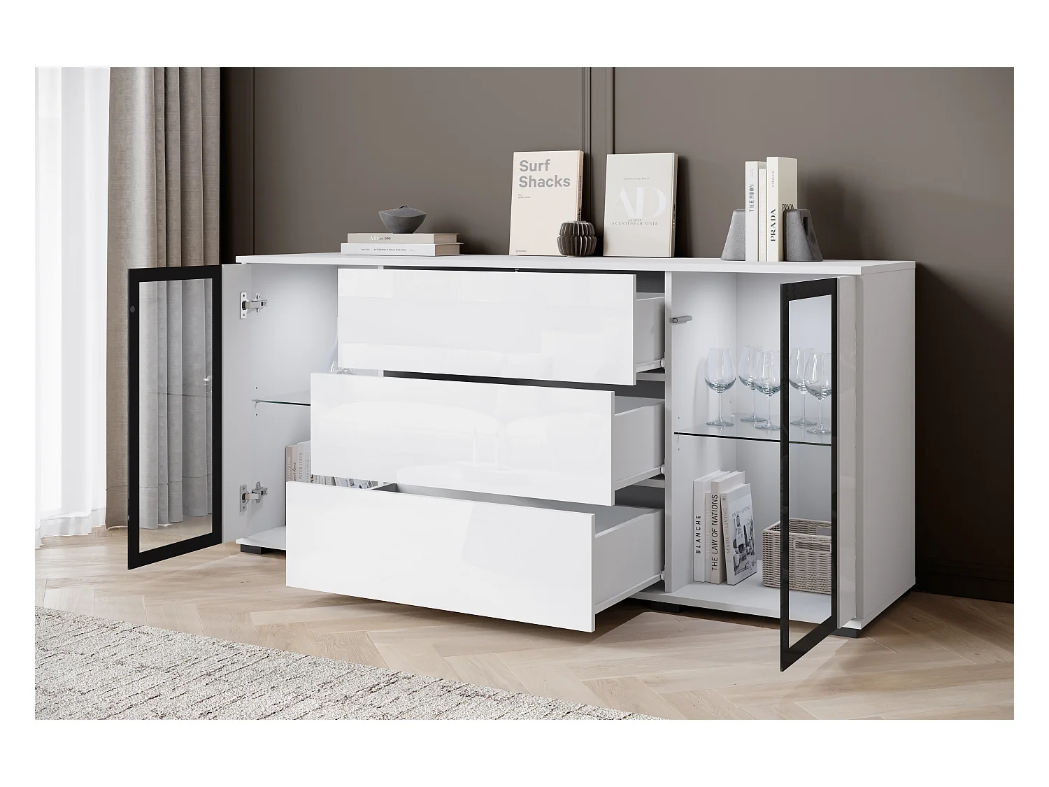 Buffet 150 cm pour salon – vitrine moderne avec vitrages et tiroirs corps blanc mat et façades blanc brillant