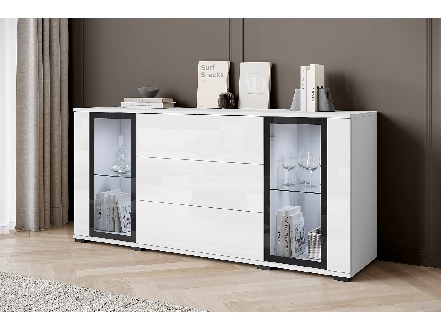 Buffet 150 cm pour salon – vitrine moderne avec vitrages et tiroirs corps blanc mat et façades blanc brillant