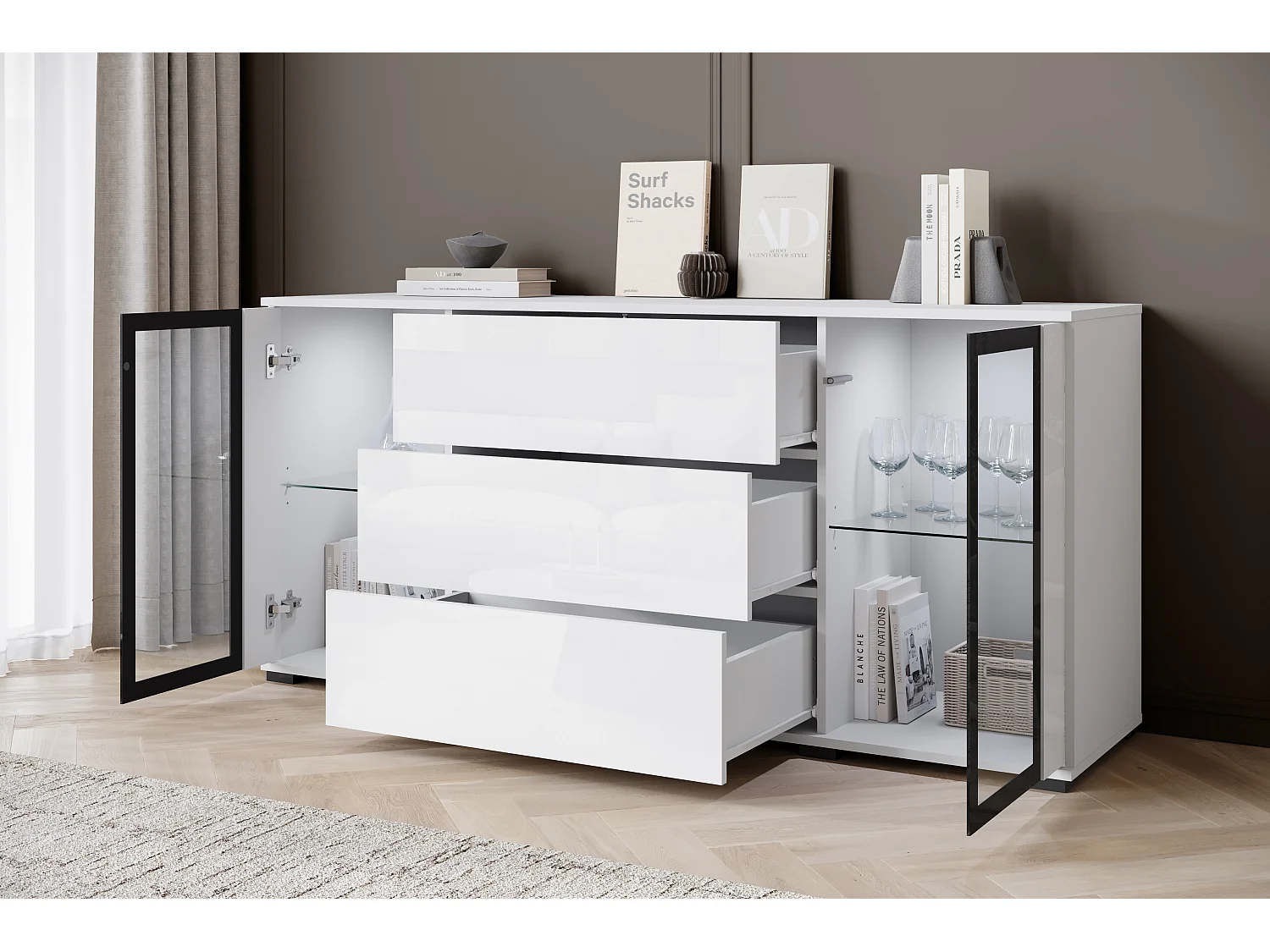 Buffet 150 cm pour salon – vitrine moderne avec vitrages et tiroirs corps blanc mat et façades blanc brillant