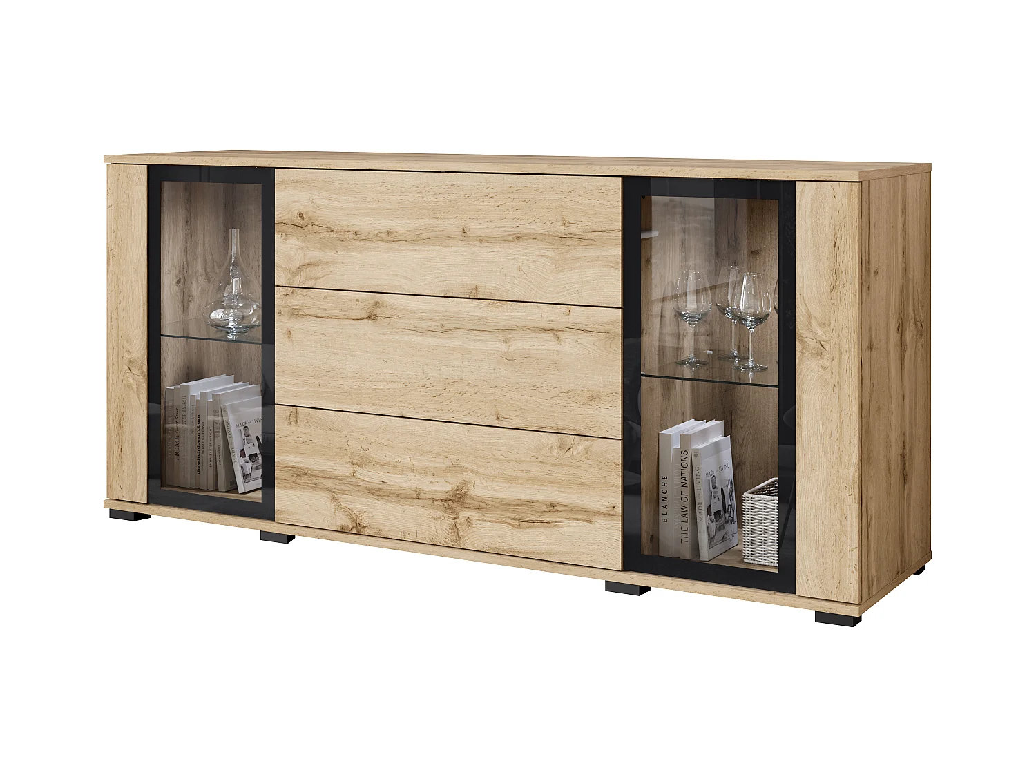 Buffet 150 cm pour salon – vitrine moderne avec vitrages et tiroirs chêne wotan mat