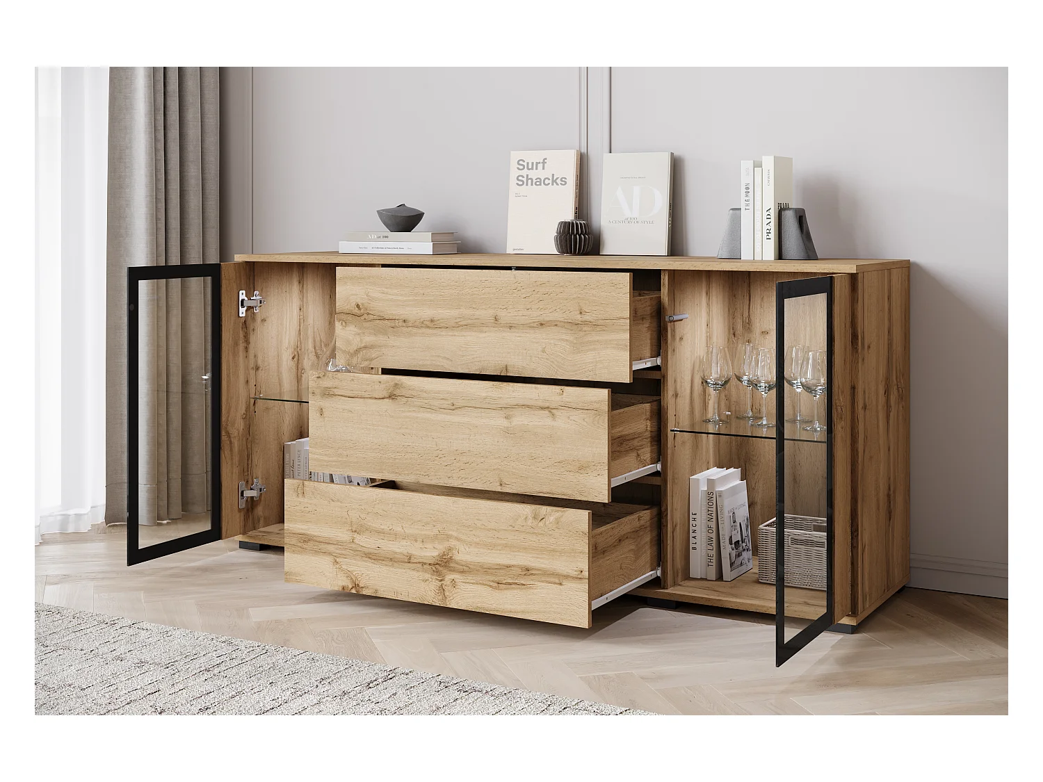 Buffet 150 cm pour salon – vitrine moderne avec vitrages et tiroirs chêne wotan mat