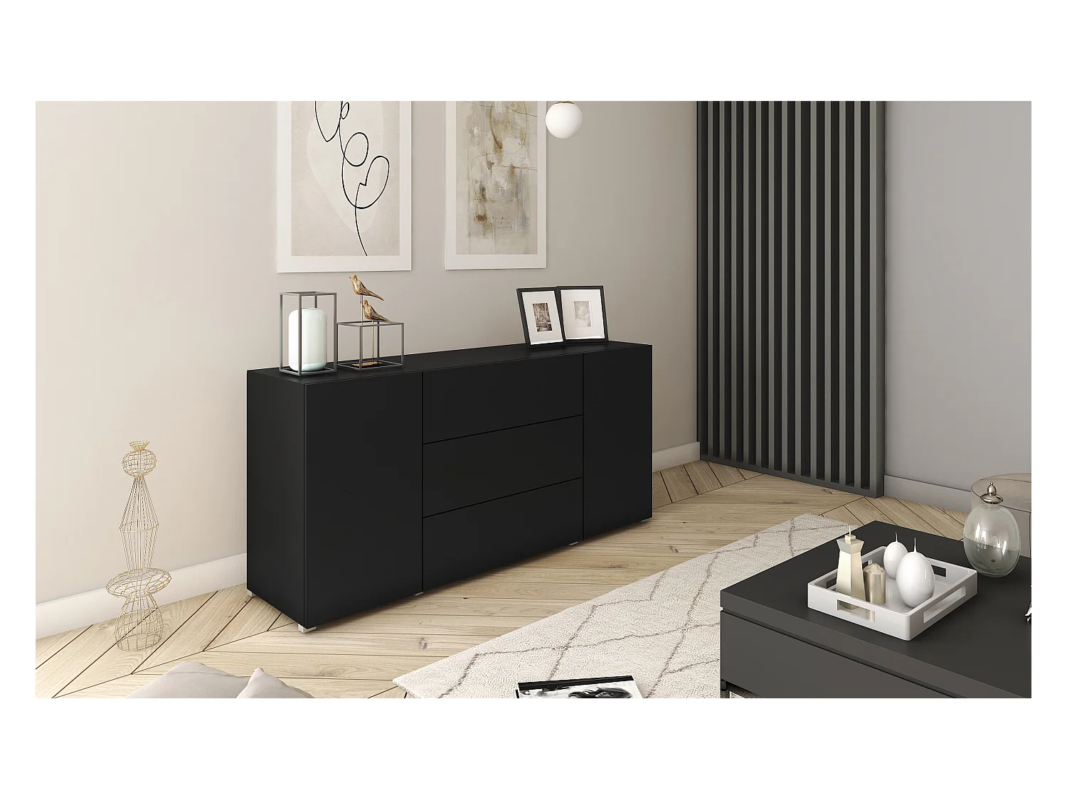 Buffet moderne 150 cm – sur pied, 3 tiroirs et 2 portes, couleur graphite noir mat