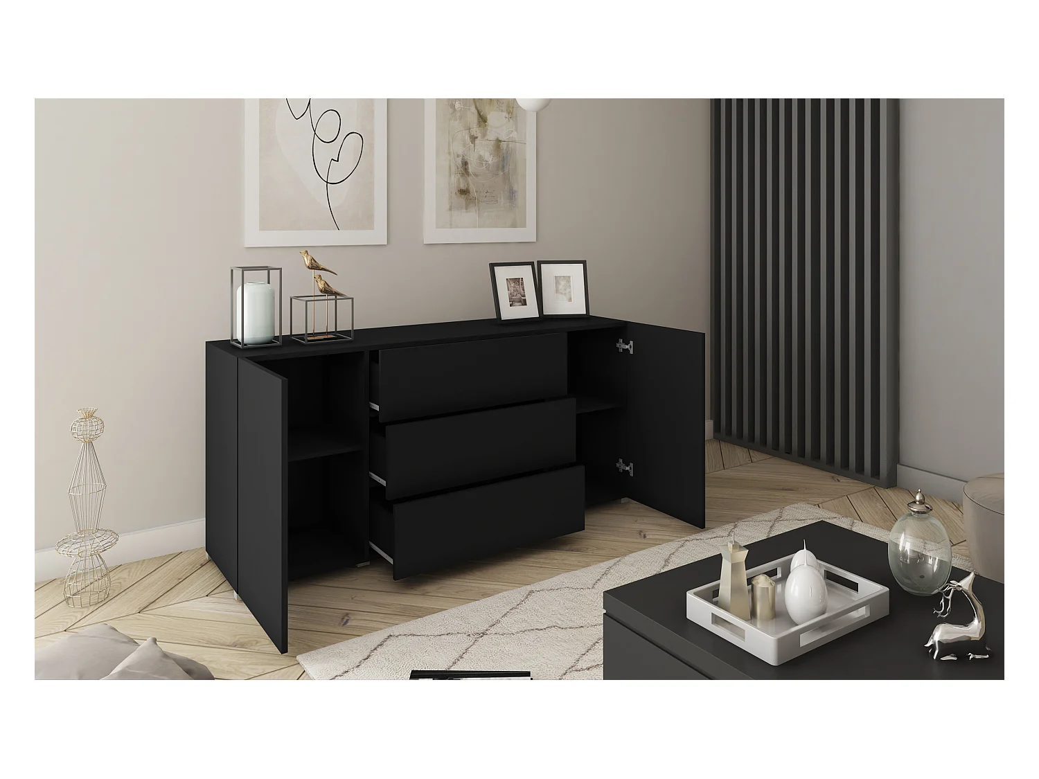 Buffet moderne 150 cm – sur pied, 3 tiroirs et 2 portes, couleur graphite noir mat