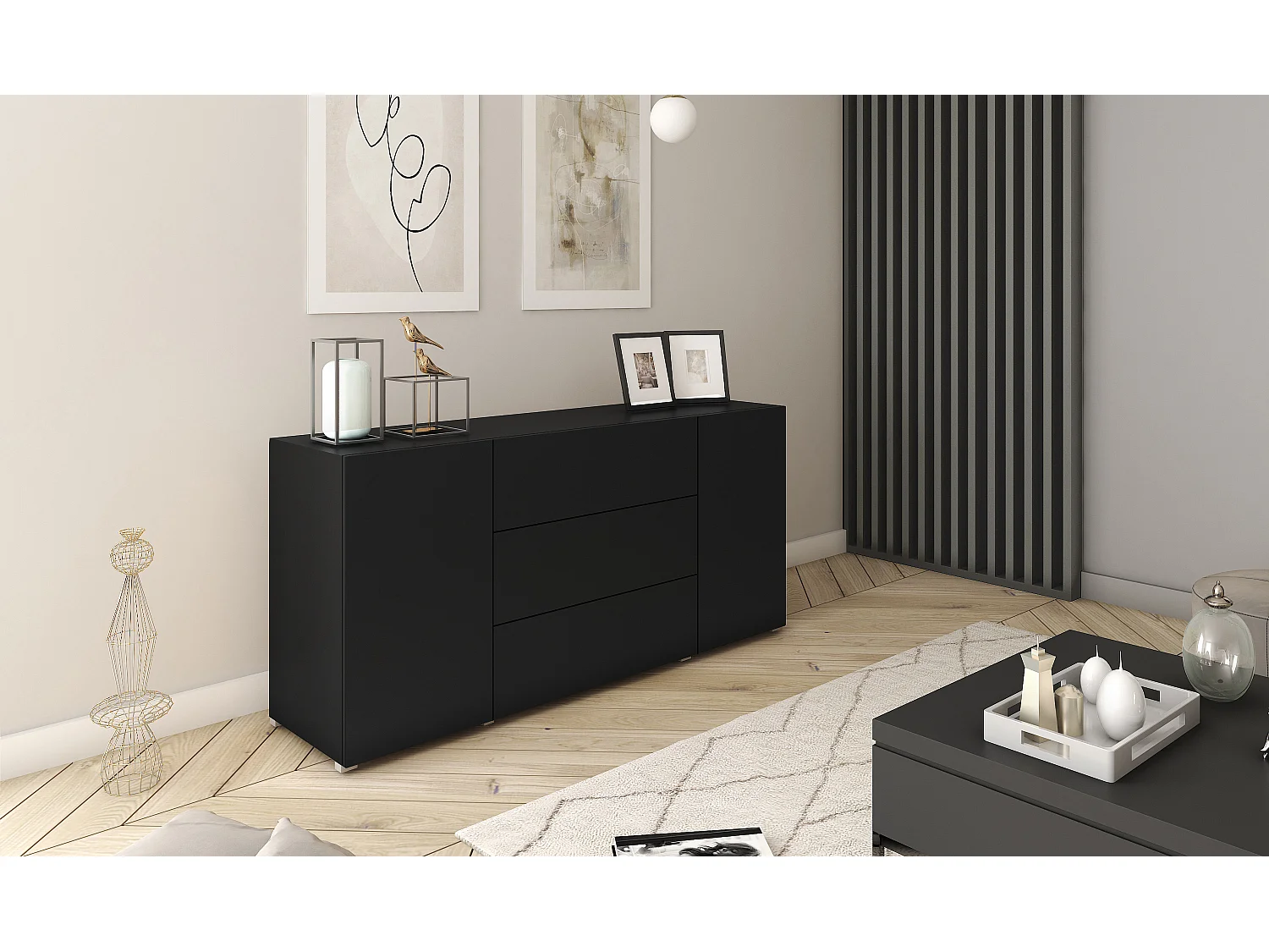 Buffet moderne 150 cm – sur pied, 3 tiroirs et 2 portes, couleur graphite noir mat
