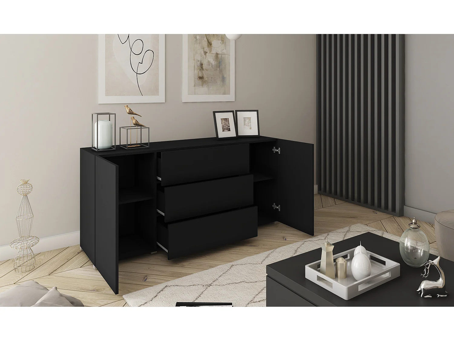 Buffet moderne 150 cm – sur pied, 3 tiroirs et 2 portes, couleur graphite noir mat