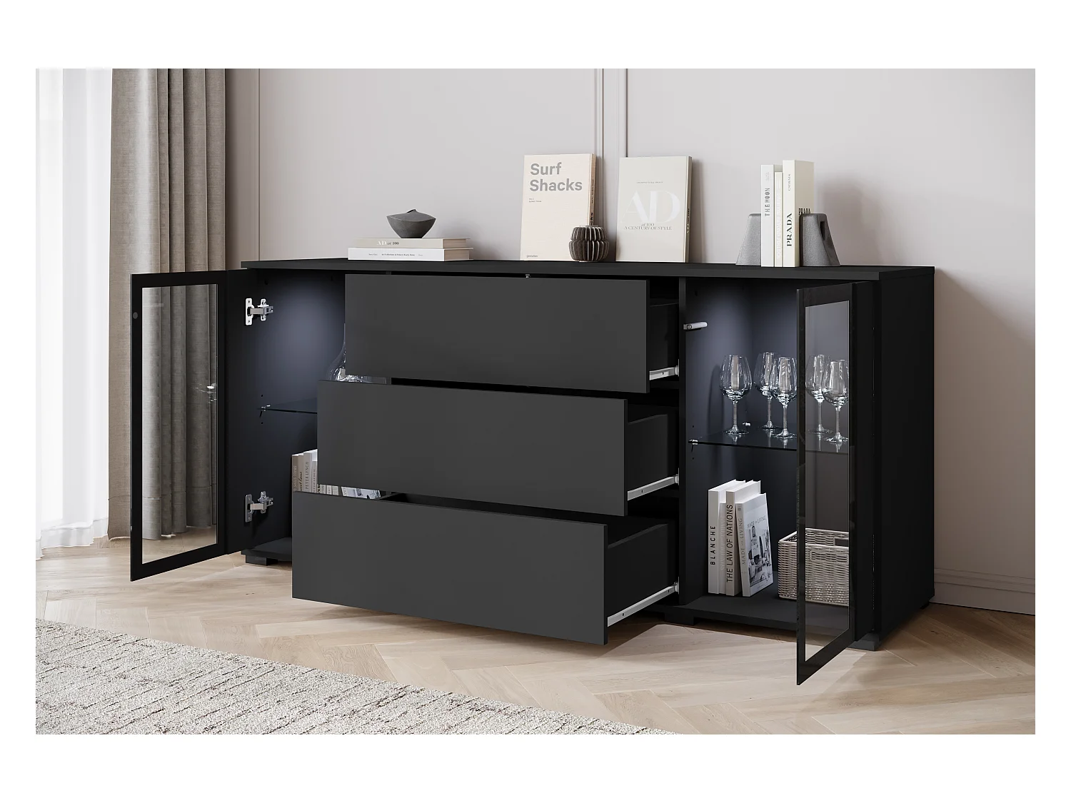 Buffet 150 cm pour salon – vitrine moderne avec vitrages et tiroirs noir mat