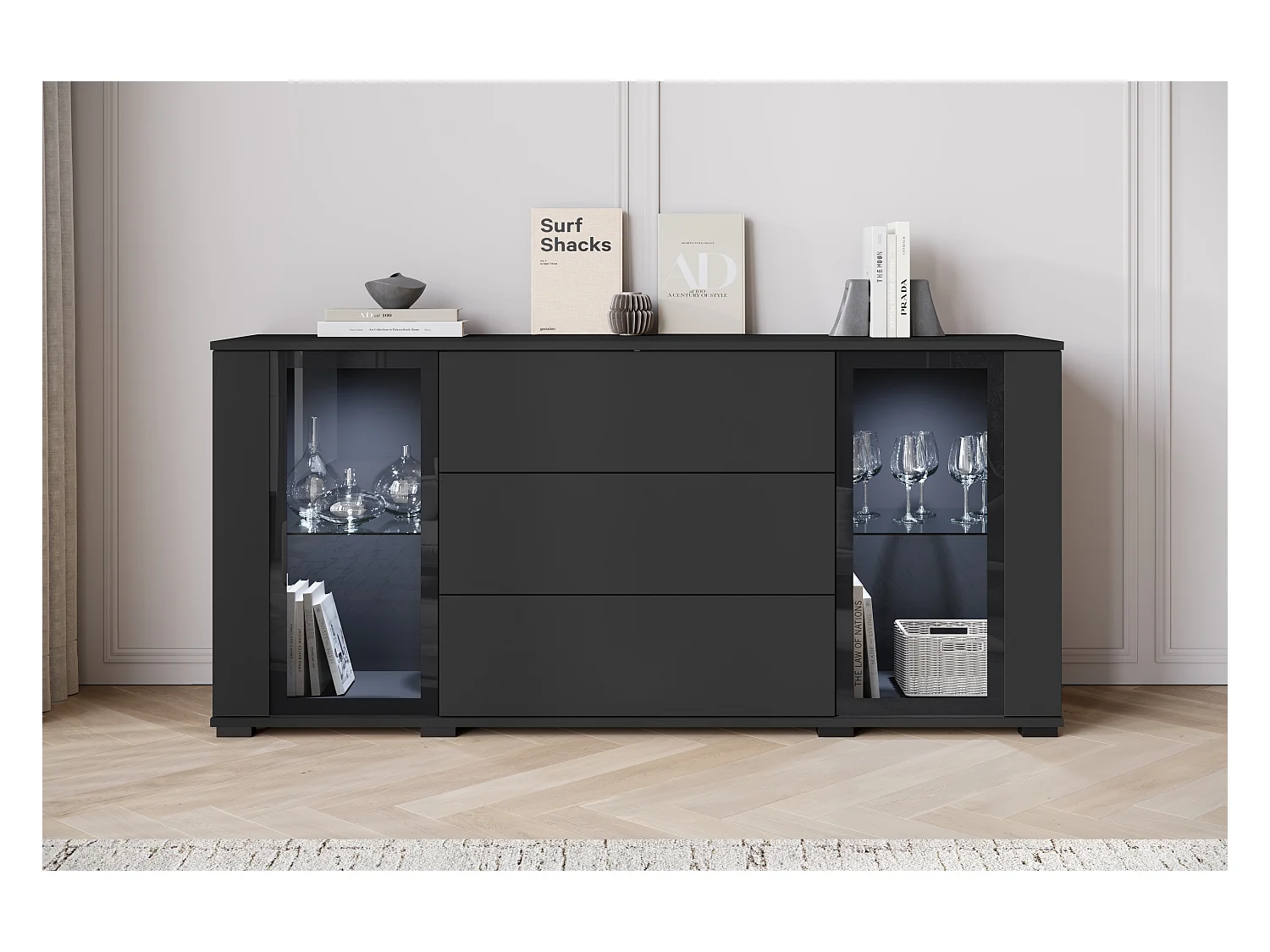 Buffet 150 cm pour salon – vitrine moderne avec vitrages et tiroirs noir mat