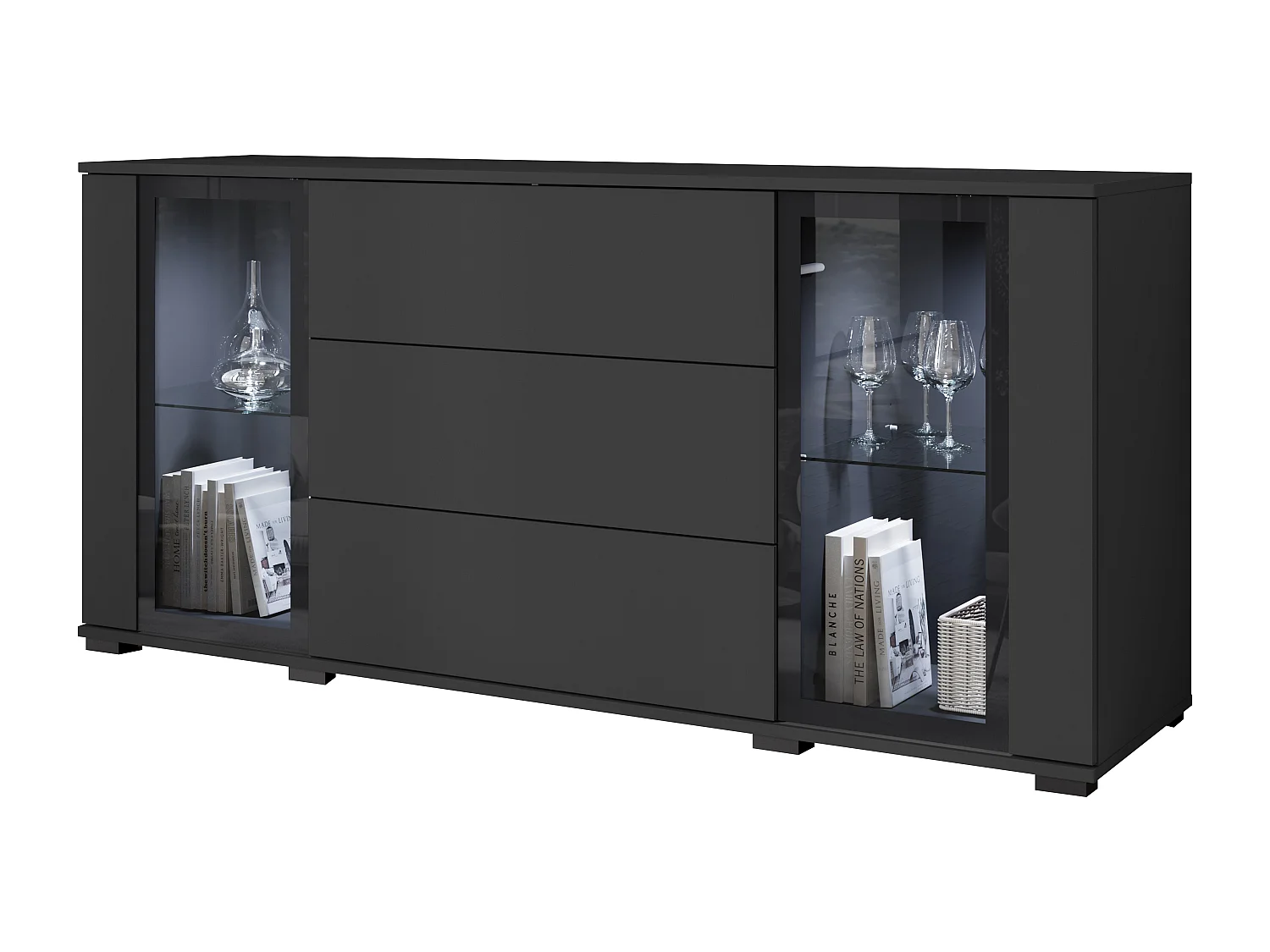 Buffet 150 cm pour salon – vitrine moderne avec vitrages et tiroirs noir mat