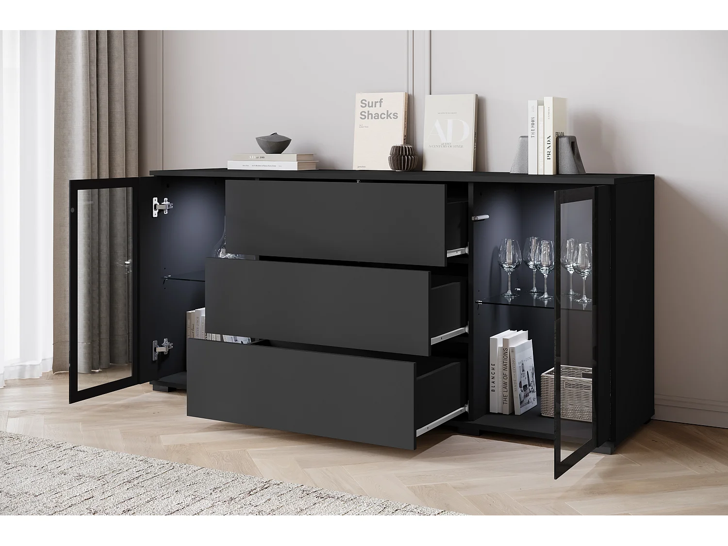 Buffet 150 cm pour salon – vitrine moderne avec vitrages et tiroirs noir mat