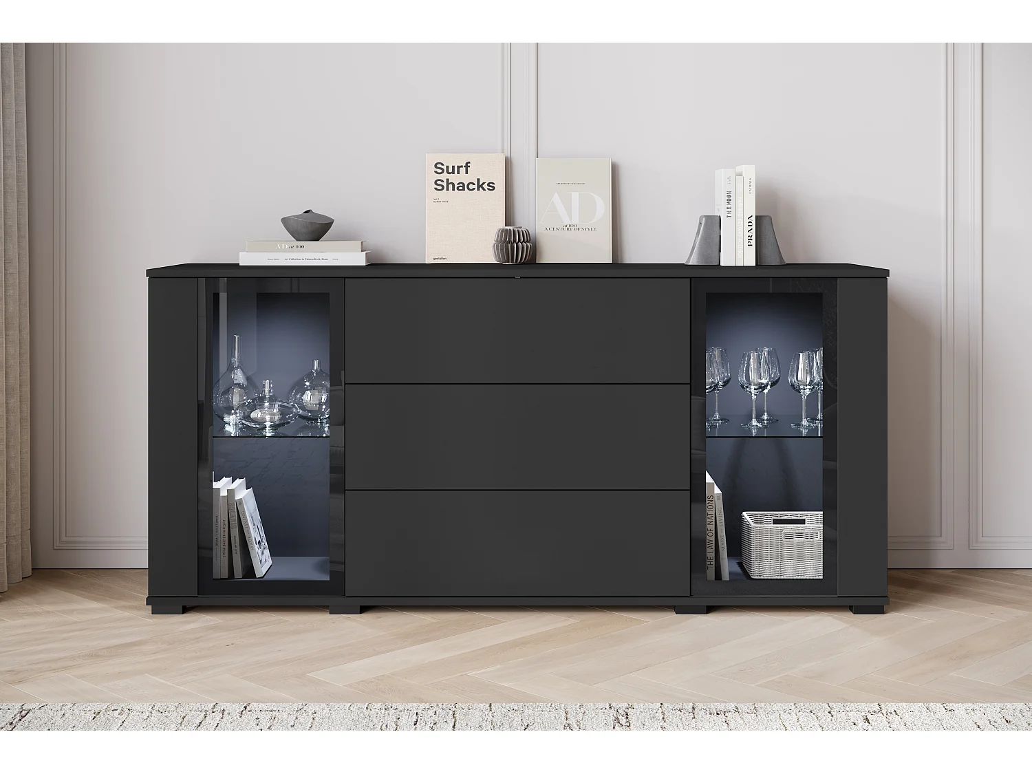 Buffet 150 cm pour salon – vitrine moderne avec vitrages et tiroirs noir mat